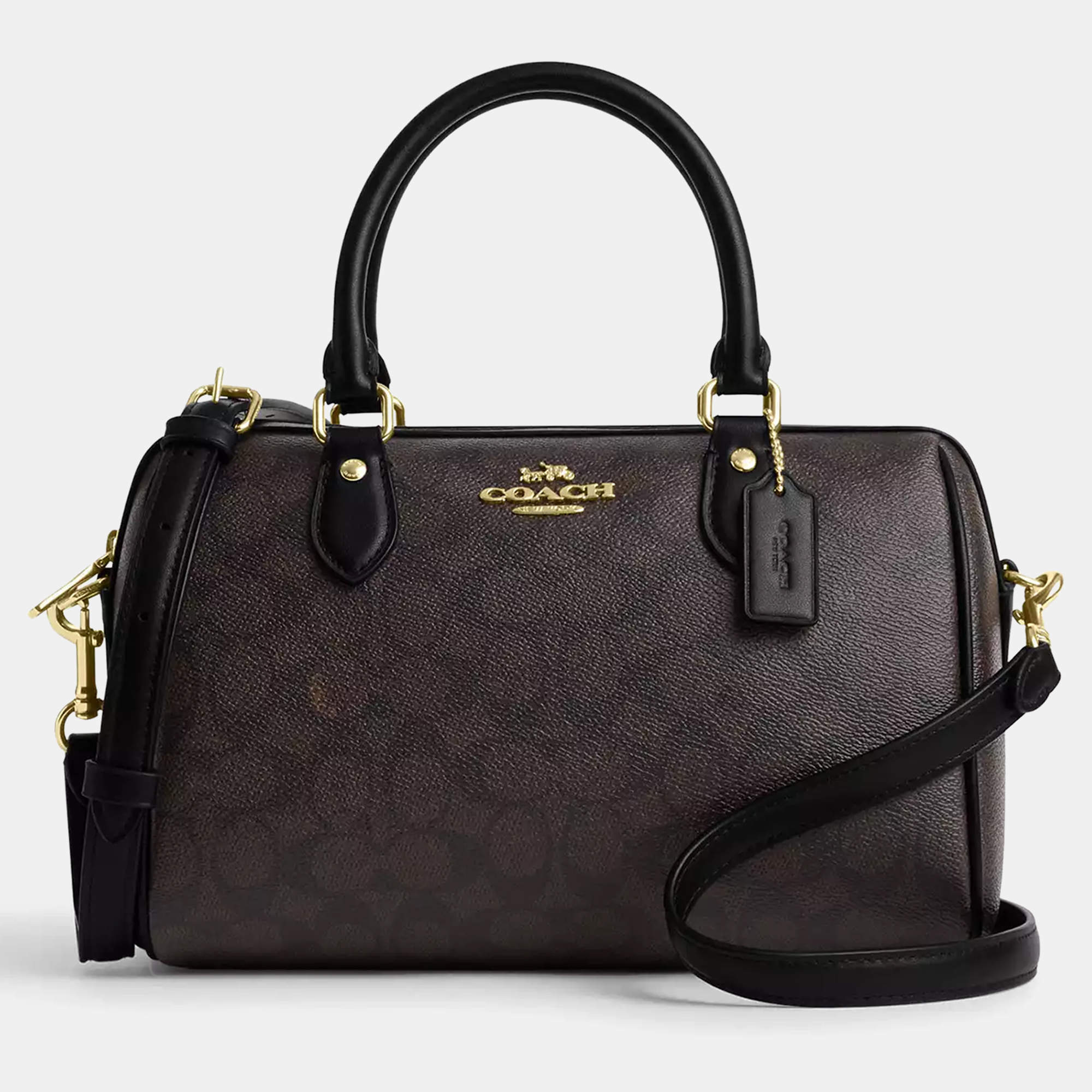 مملوكة مسبقًا Coach Rowan Signature Canvas Walnut, Black Leather Satchel Bag