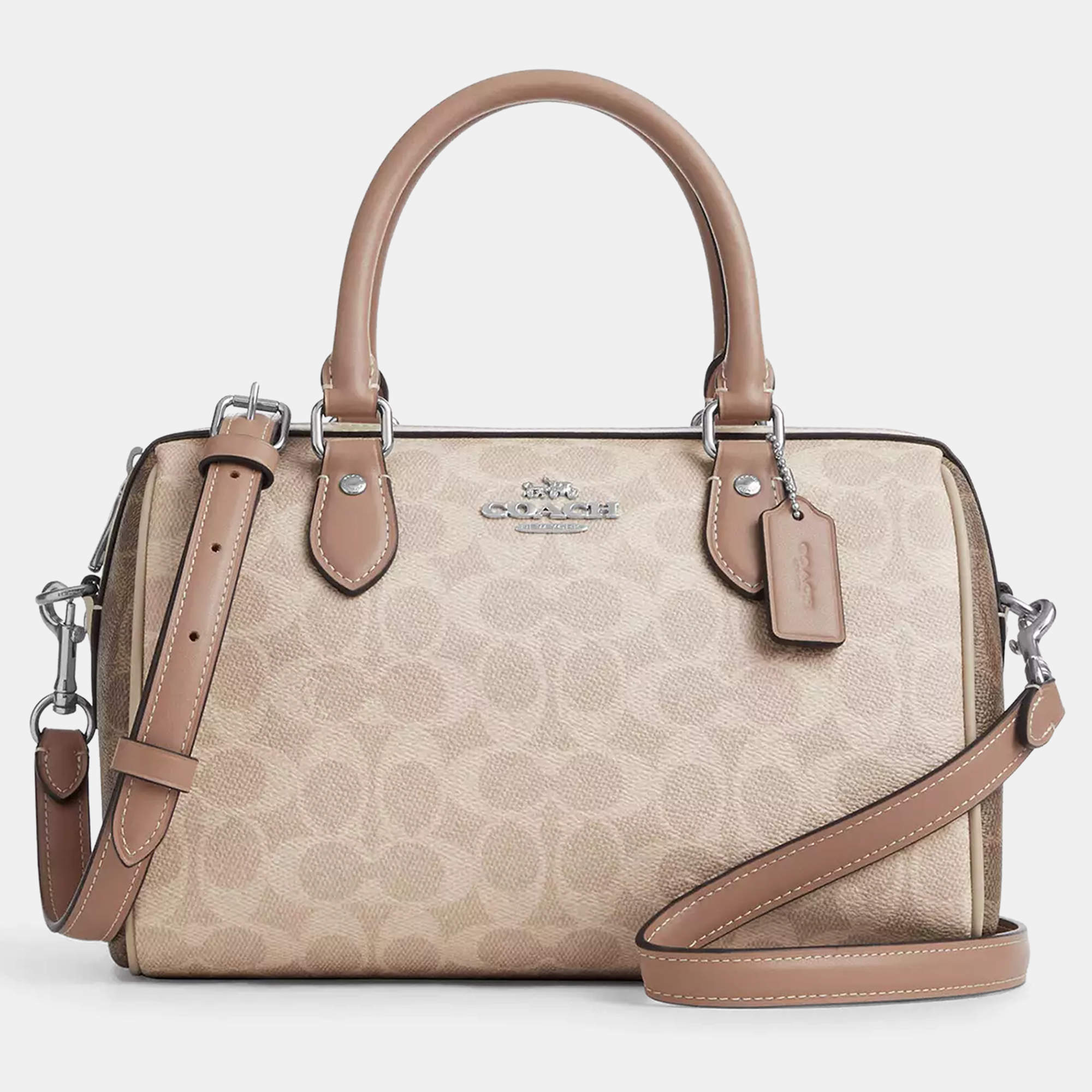 Pre Owned Coach Rowan Blocked Signature Canvas Sand Leather Satchel Bag