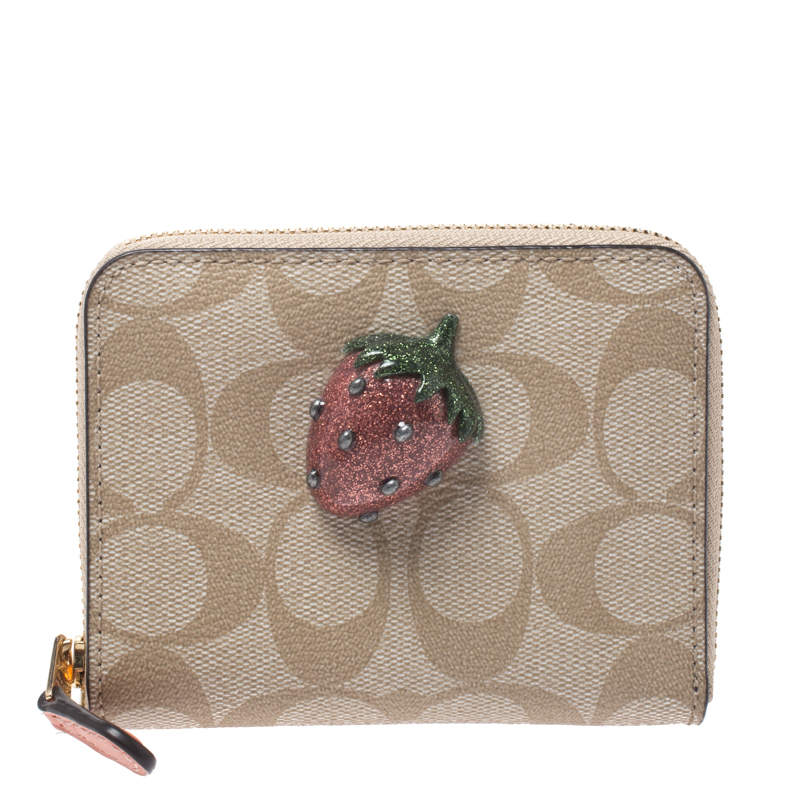 Coach Beige Signature Coated Canvas Strawberry Zip Around Wallet     