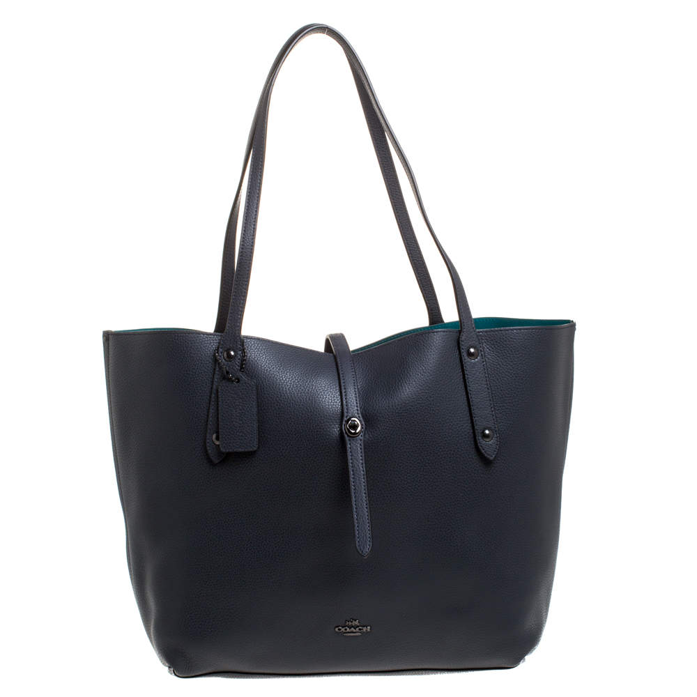 Pre Owned Coach Dark Grey Pebbled Leather Market Tote