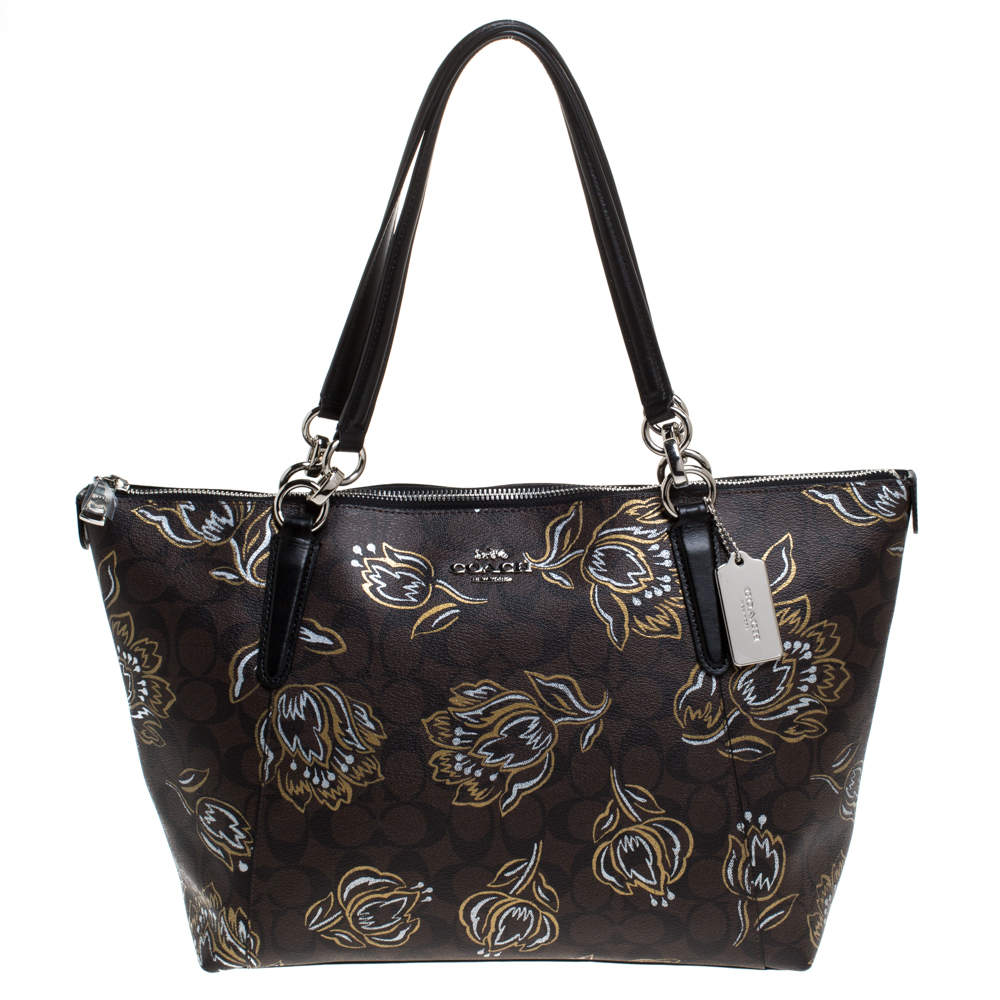 Coach Brown Signature Printed Coated Canvas Ava Top-Zip Tote