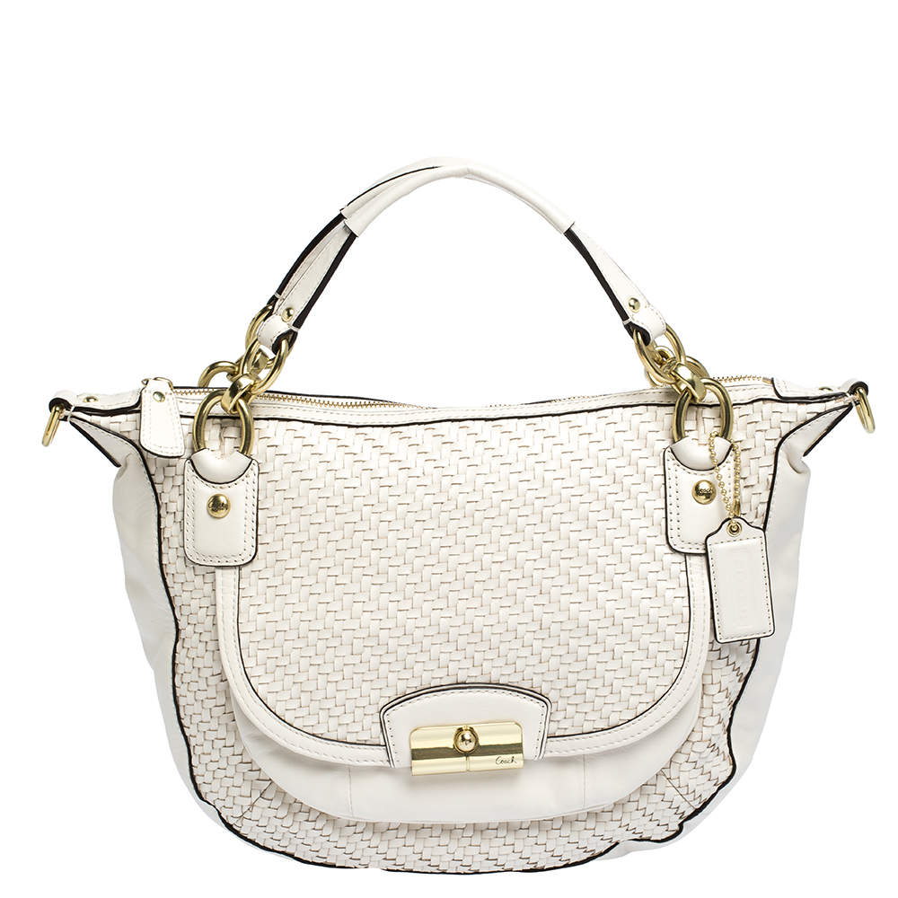 Pre Owned Coach White Woven Leather Kristin Hobo