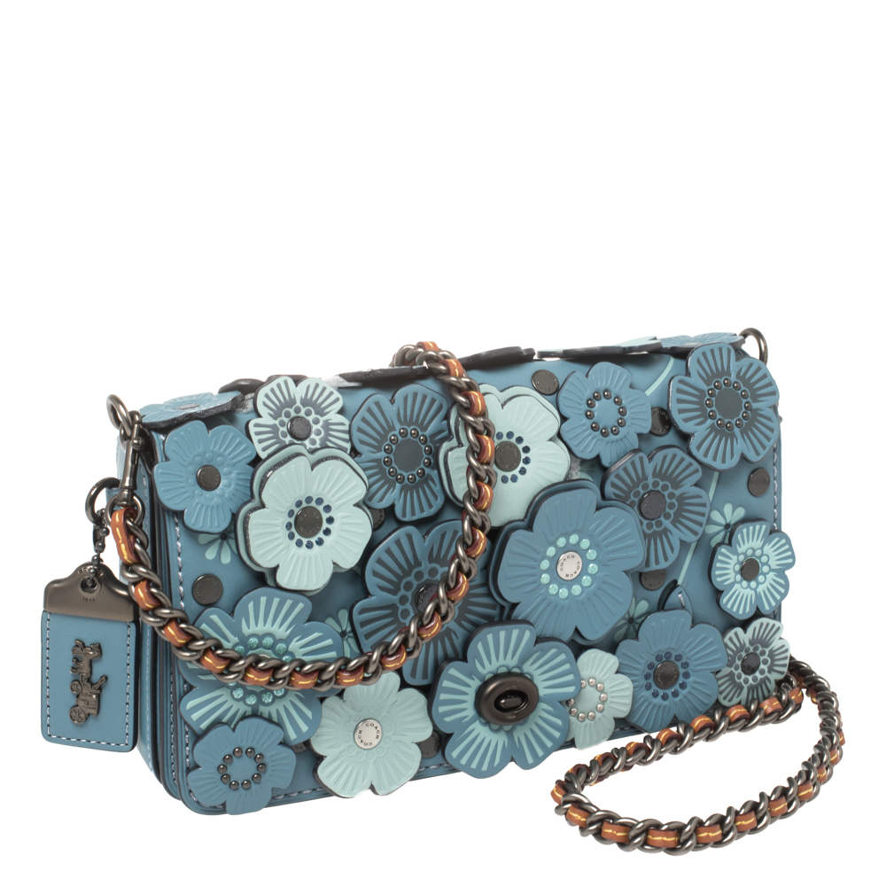 Medium leather shoulder bag with flower motif applique