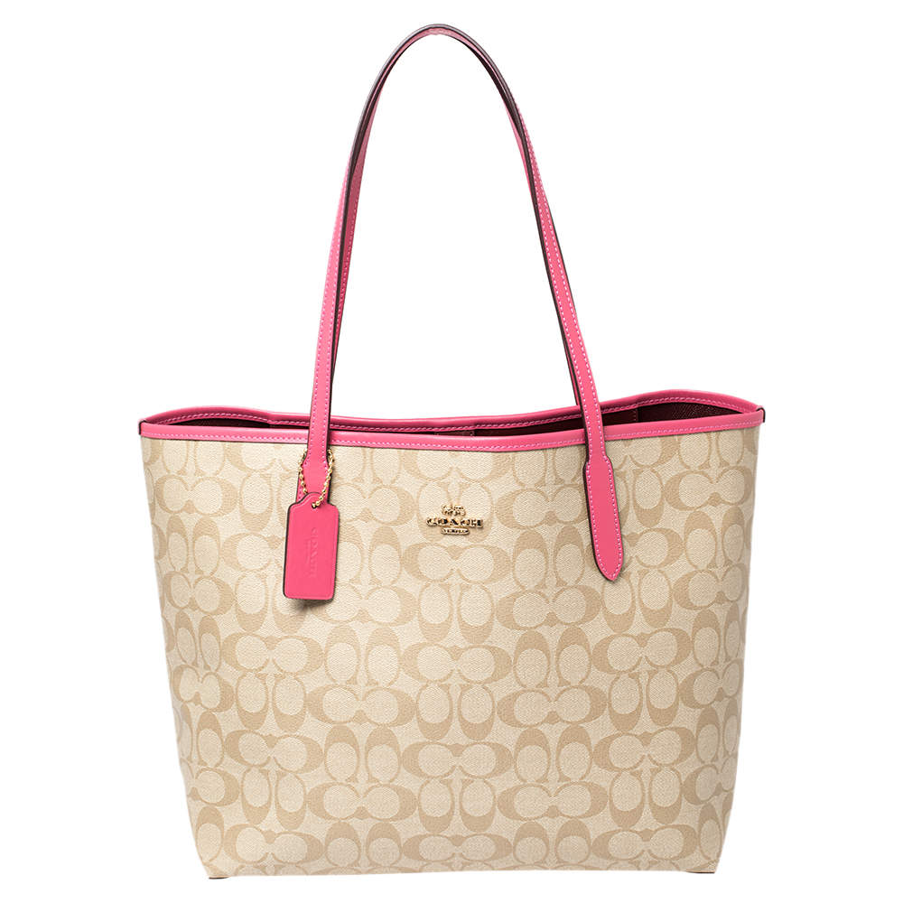 Coach Beige/Pink Signature Coated Canvas and Leather City Tote