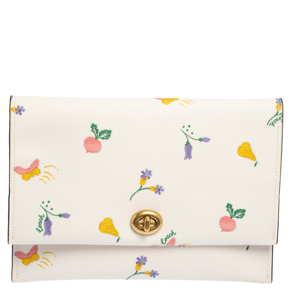 Coach Cream Leather Dandelion Floral Print Turnlock Wallet