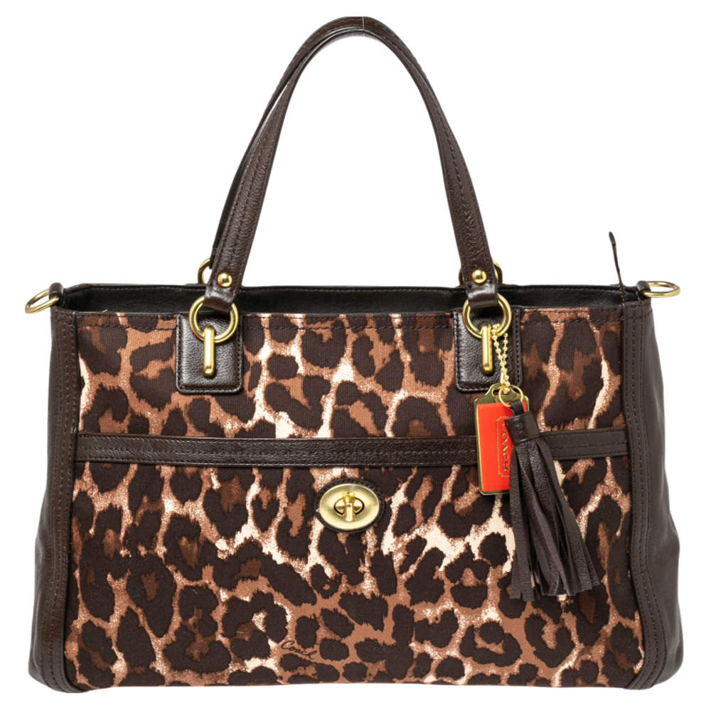 Coach Dark Brown Leopard Print Canvas and Leather Park Chain Ocelot Tote