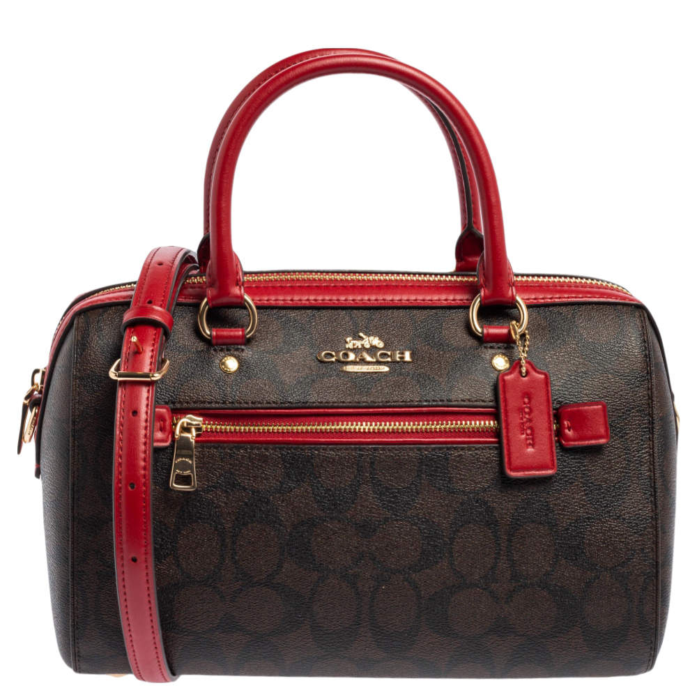 Pre Owned Coach Red/Brown Signature Coated Canvas and Leather Rowan Boston Bag