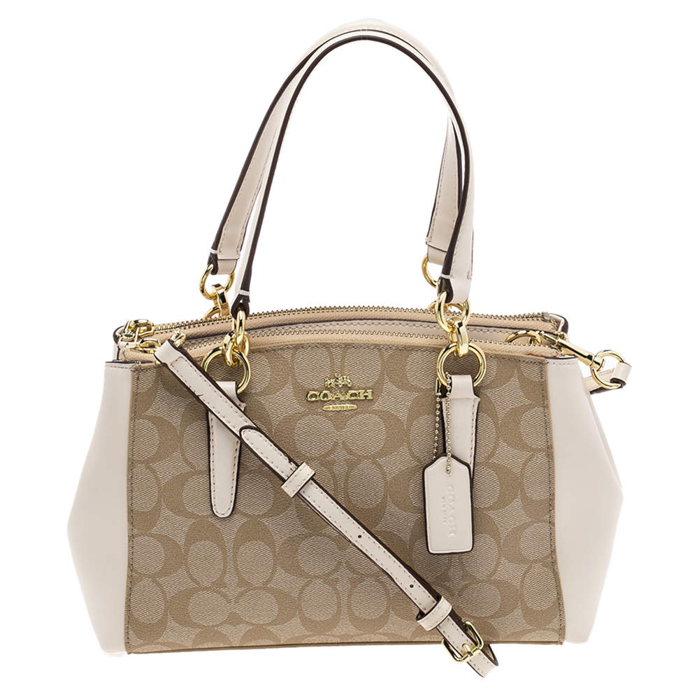 Pre Owned Coach Beige/White Signature Canvas And Leather Mini Christie Carryall Satchel