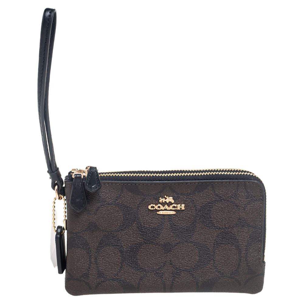 مملوكة مسبقًا Coach Brown Signature Coated Canvas Double Zip Wristlet