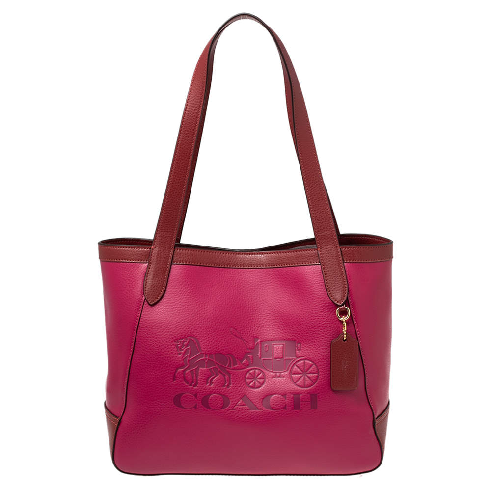 Pre Owned Coach Magenta/Red Leather Horse And Carriage Tote