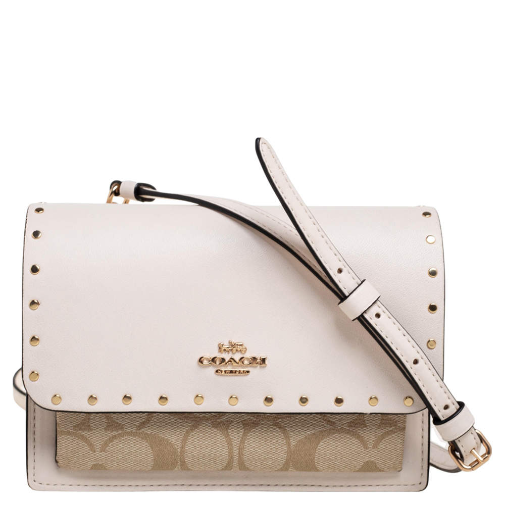 Coach Light Beige Leather and Coated Canvas With Rivets Klare Crossbody Bag