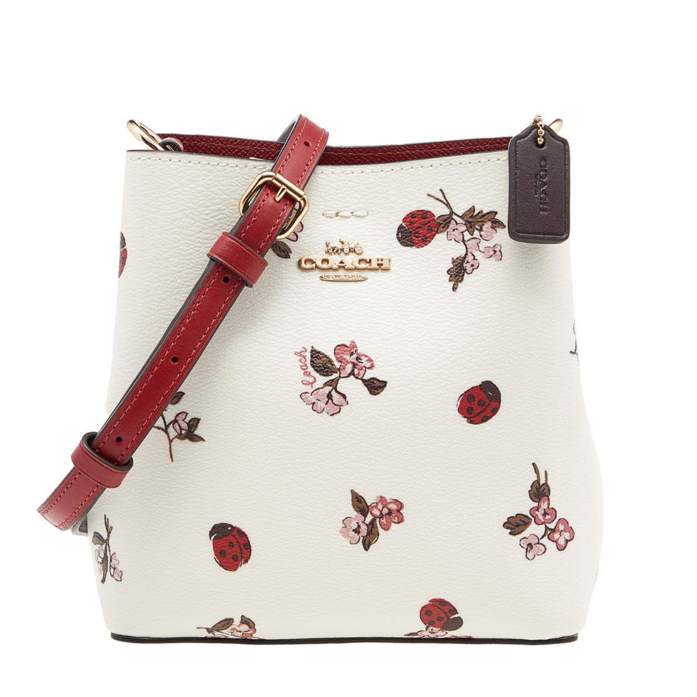 Pre Owned Coach White Printed Coated Canvas and Leather Mini Town Crossbody Bucket Bag