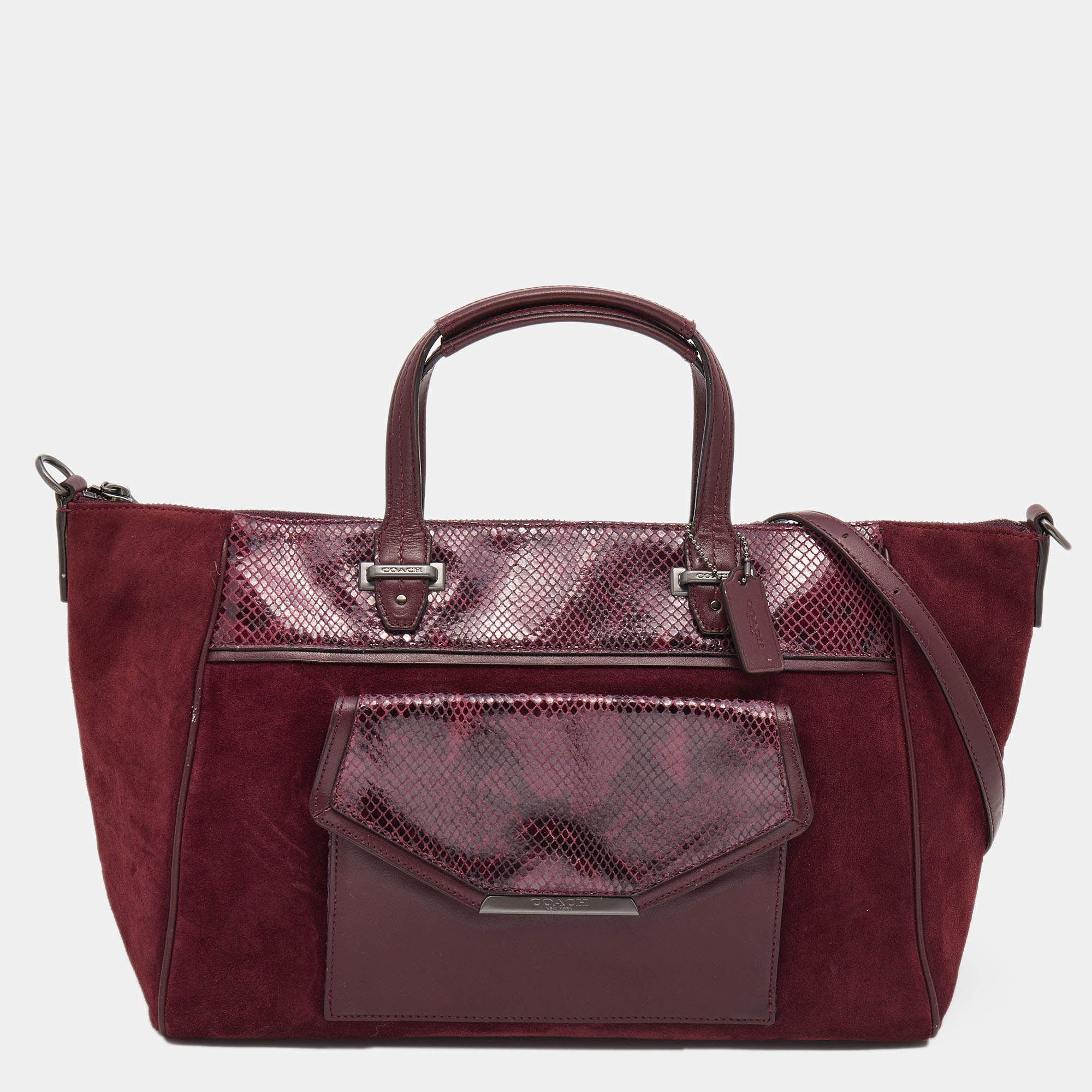 Coach Burgundy Suede and Python Effect Leather Tote