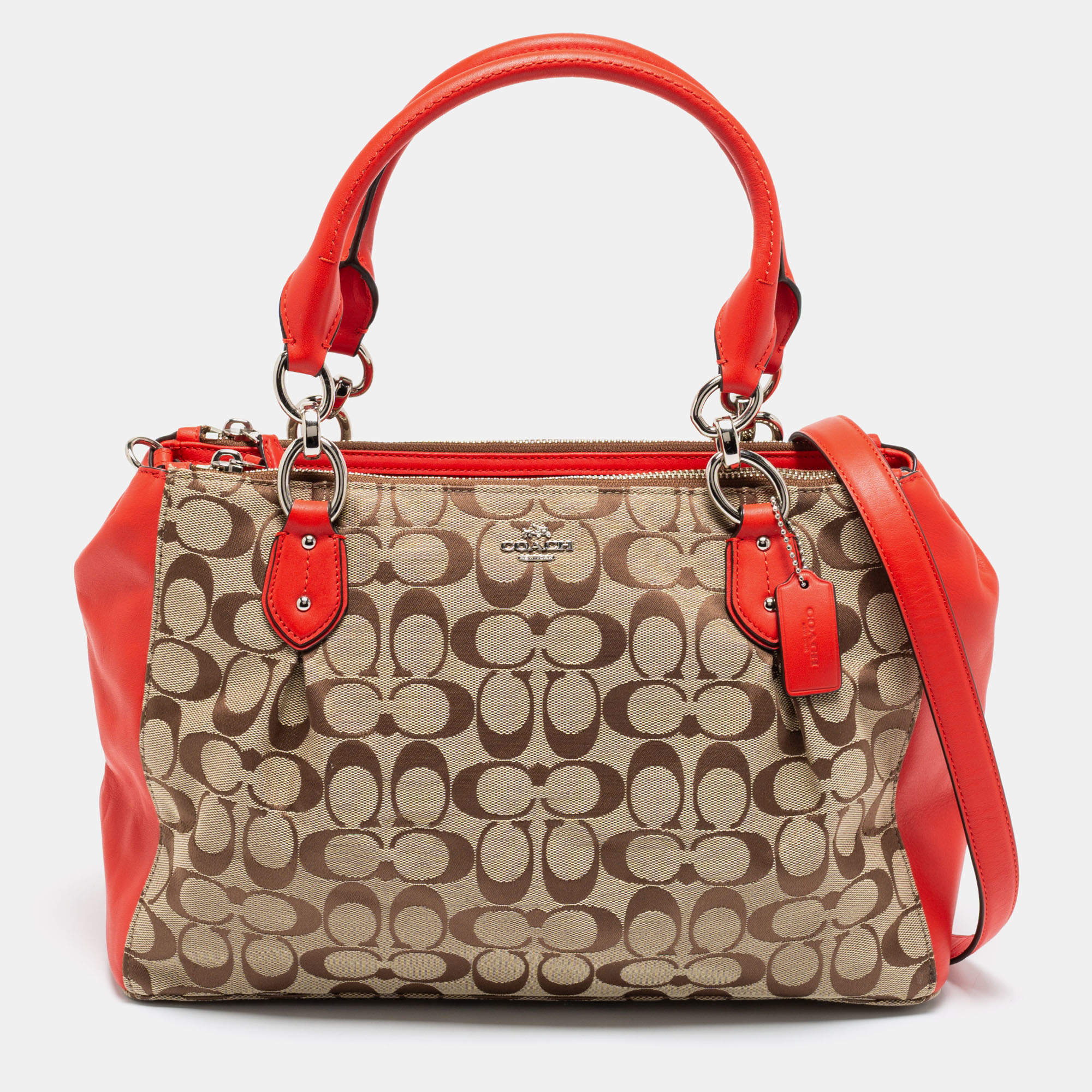 Coach Beige/Red Signature Canvas And Leather Christie Carryall Satchel