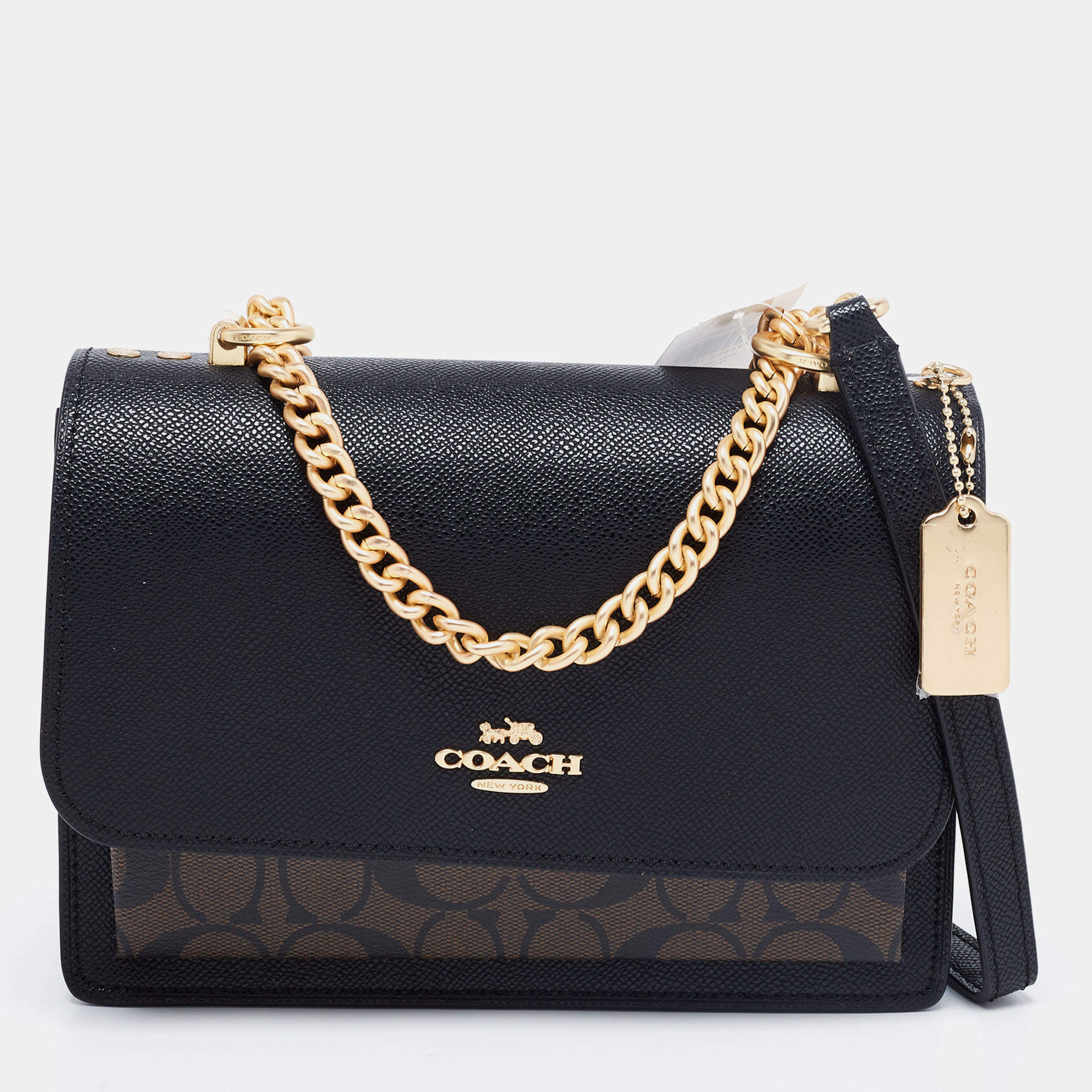 Pre Owned Coach Black/Brown Signature Coated Canvas And Leather Klare Crossbody Bag