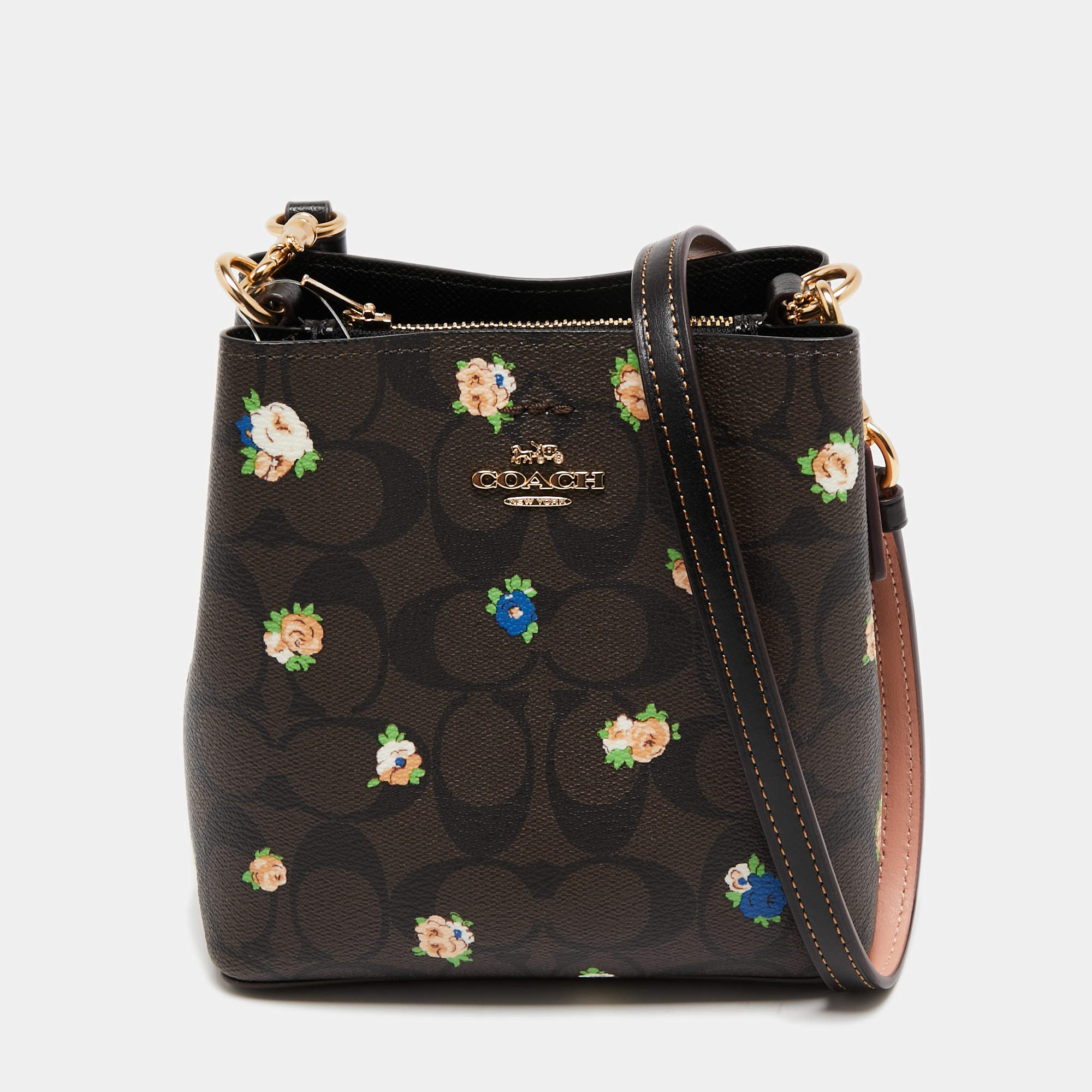 Pre Owned Coach Brown Signature Coated Canvas and Leather Mini Vintage Rose Print Town Bucket Bag