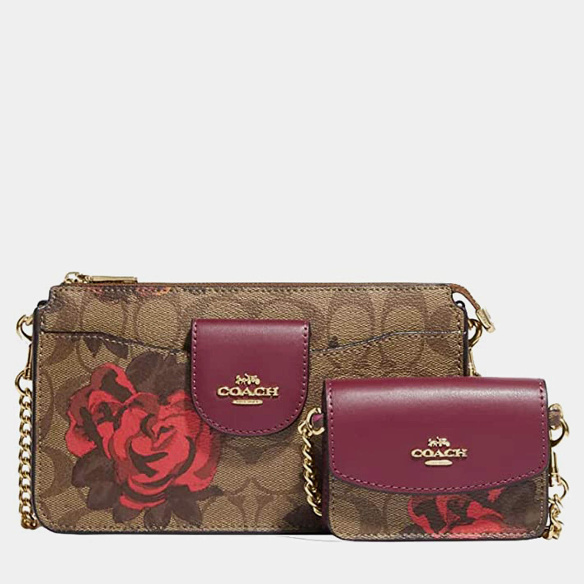 Coach Tan Signature Coated Canvas and Leather Poppy Crossbody Bag with Card Case