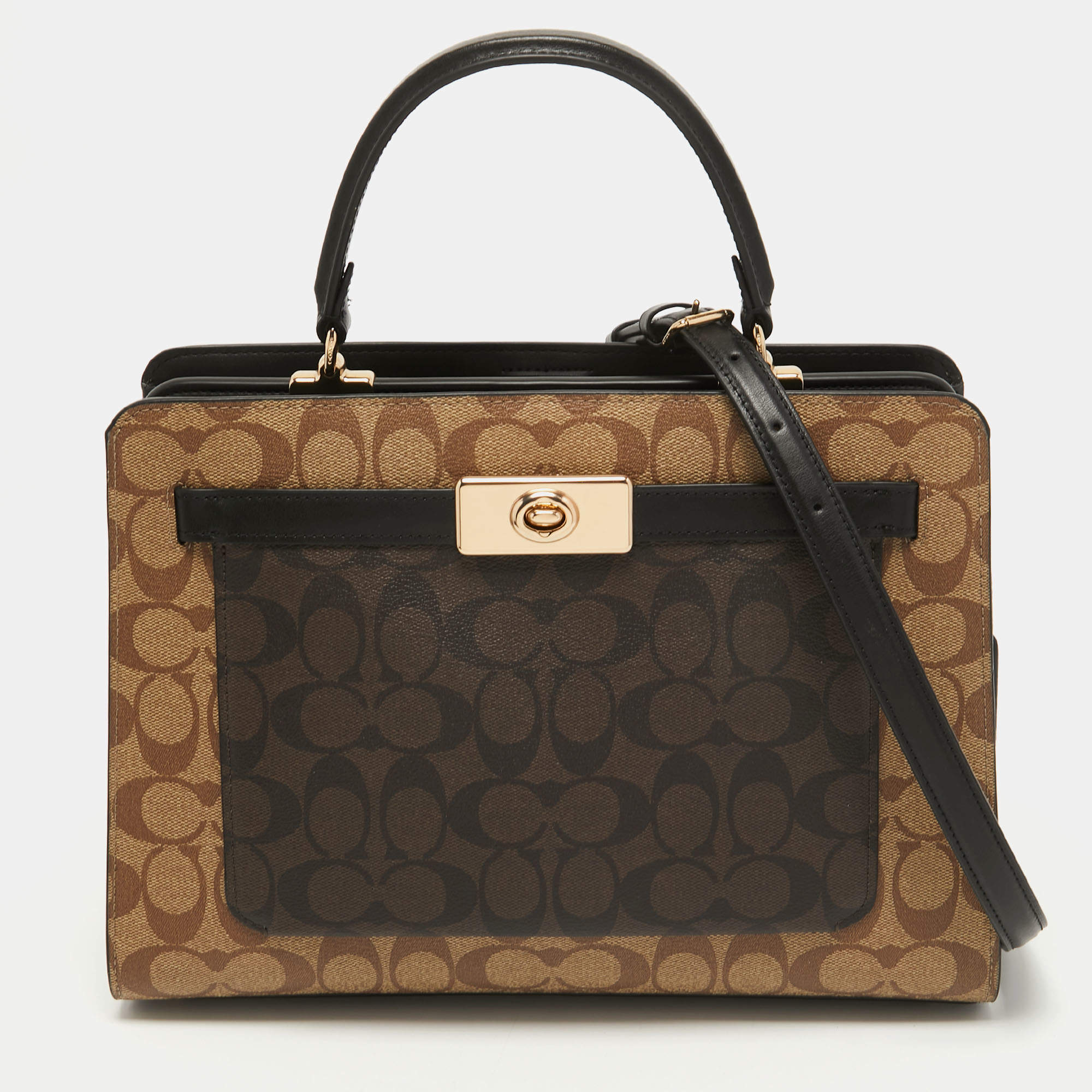 Coach Black/Brown Signature Coated Canvas and Leather Lane Top Handle Bag