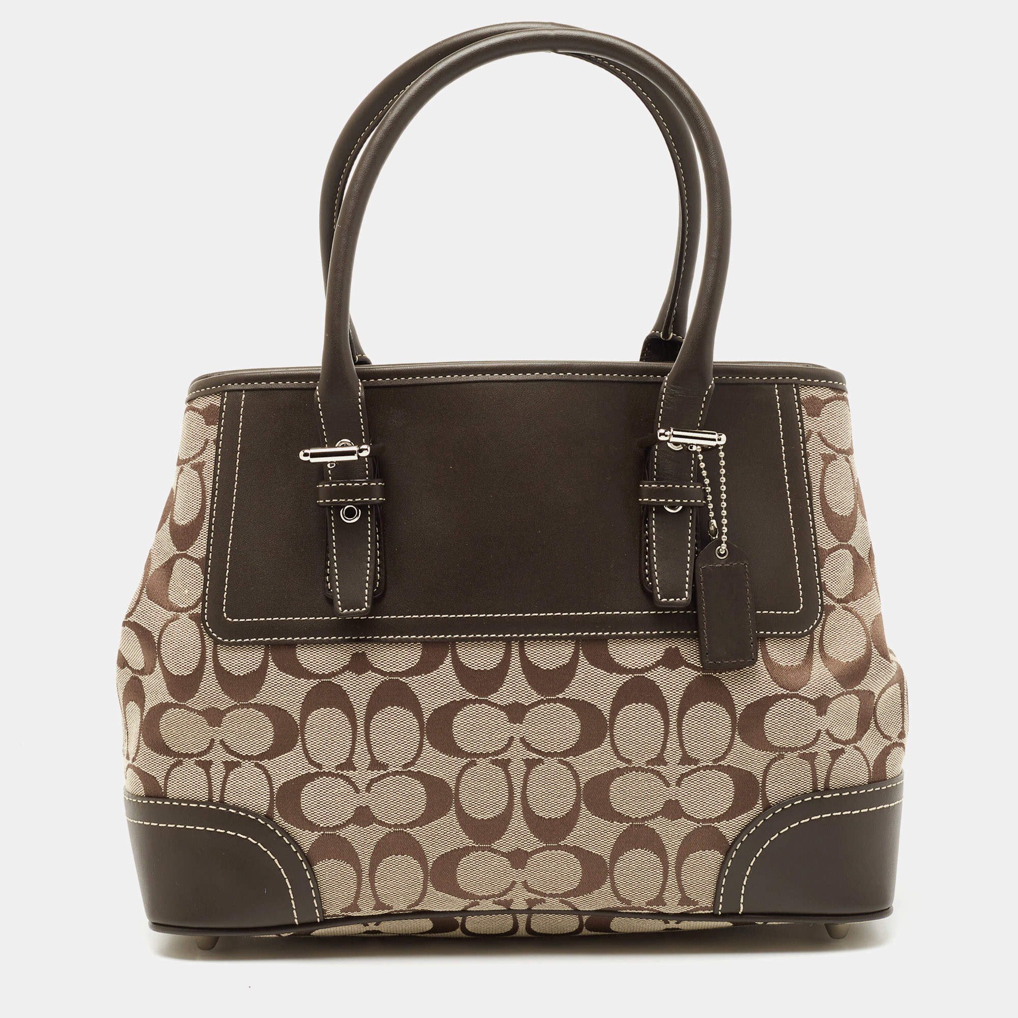 Pre Owned Coach Dark Brown/Beige Signature Canvas and Leather Hampton Tote