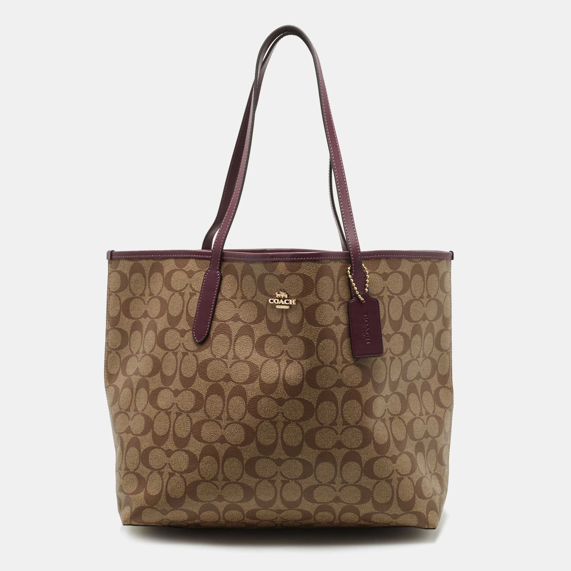 Pre Owned Coach Beige/Purple Signature Coated Canvas and Leather City Tote