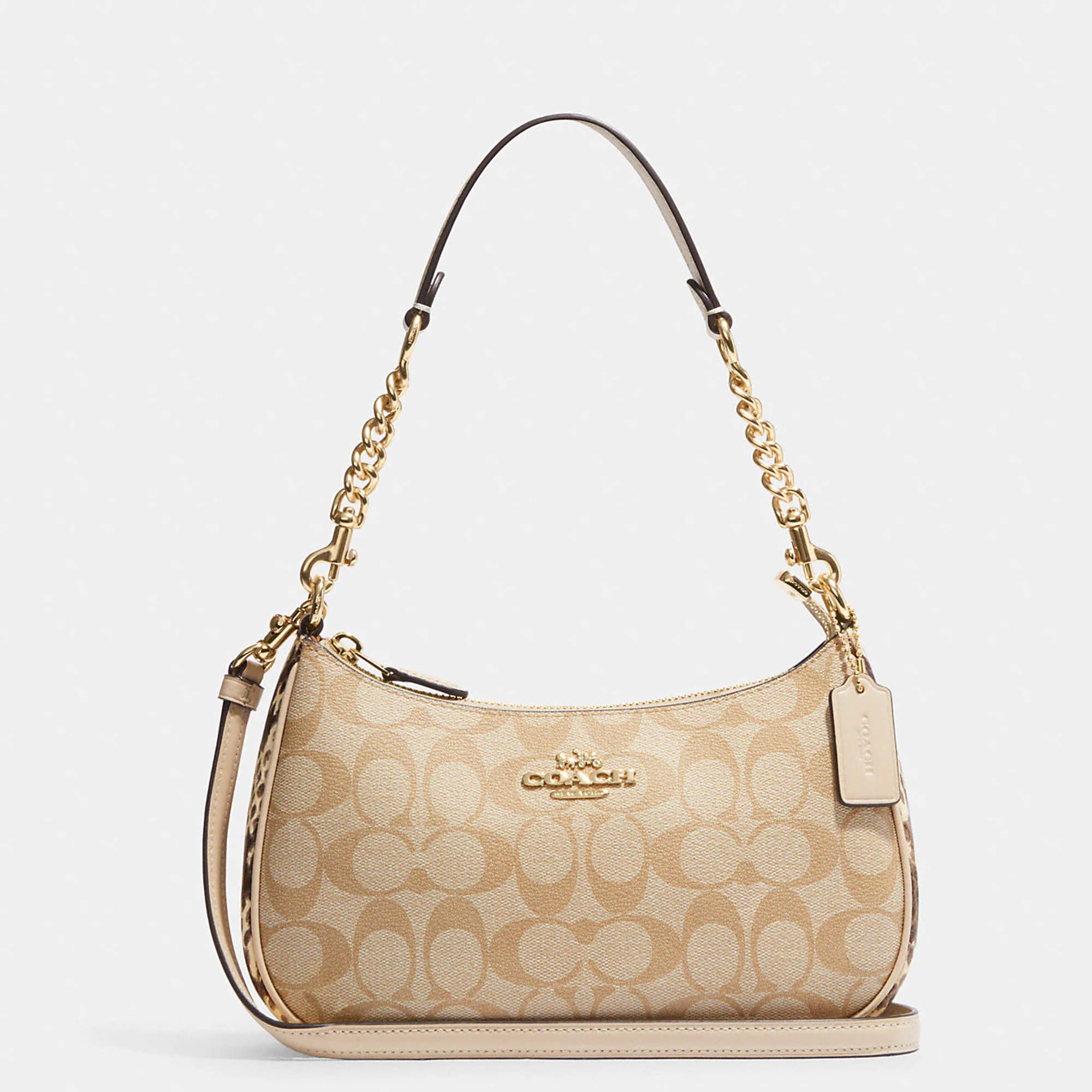 Coach White/Beige Leather and Canvas and Snake Embossed Shoulder Bag