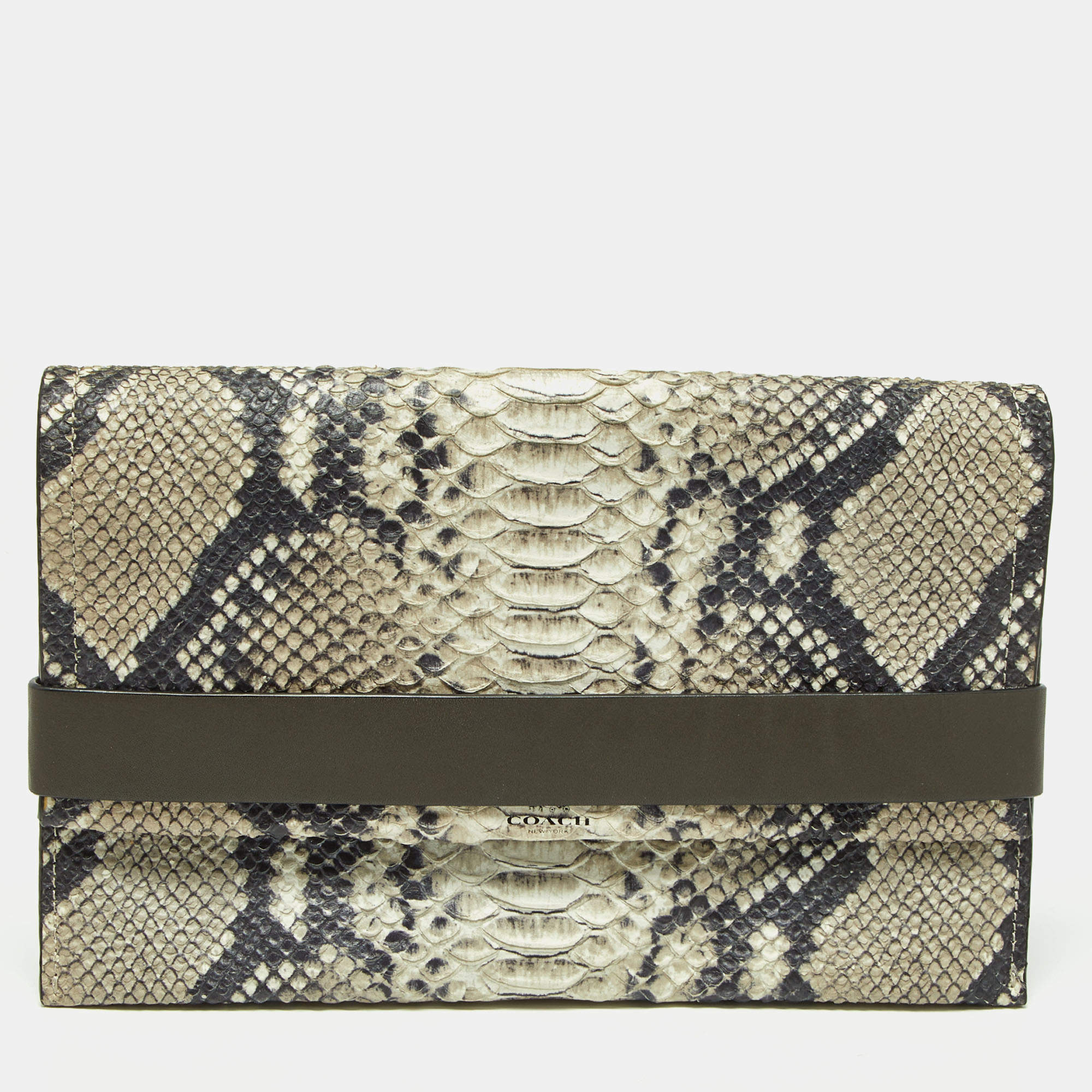Coach Grey Python Embossed Leather Flap Clutch