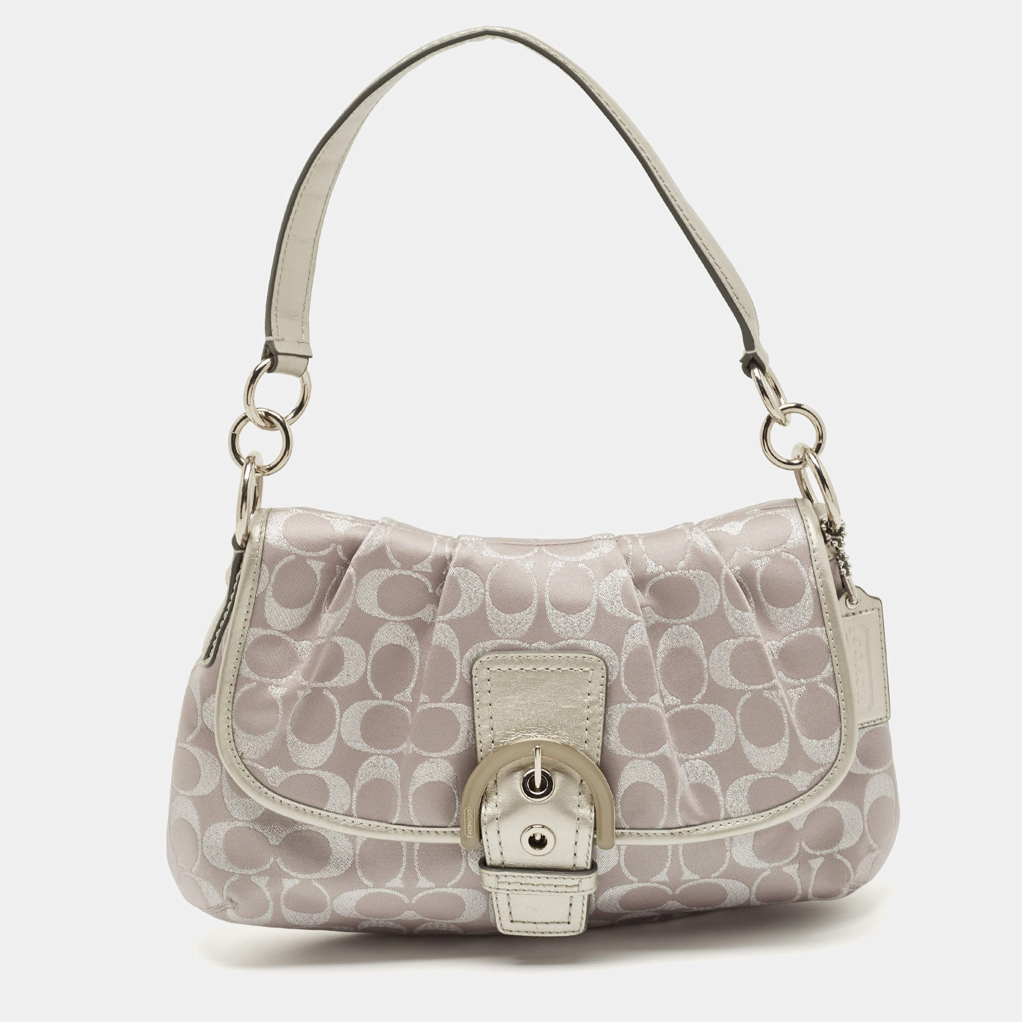 Pre Owned Coach Grey Signature Fabric and Leather Buckle Shoulder Bag