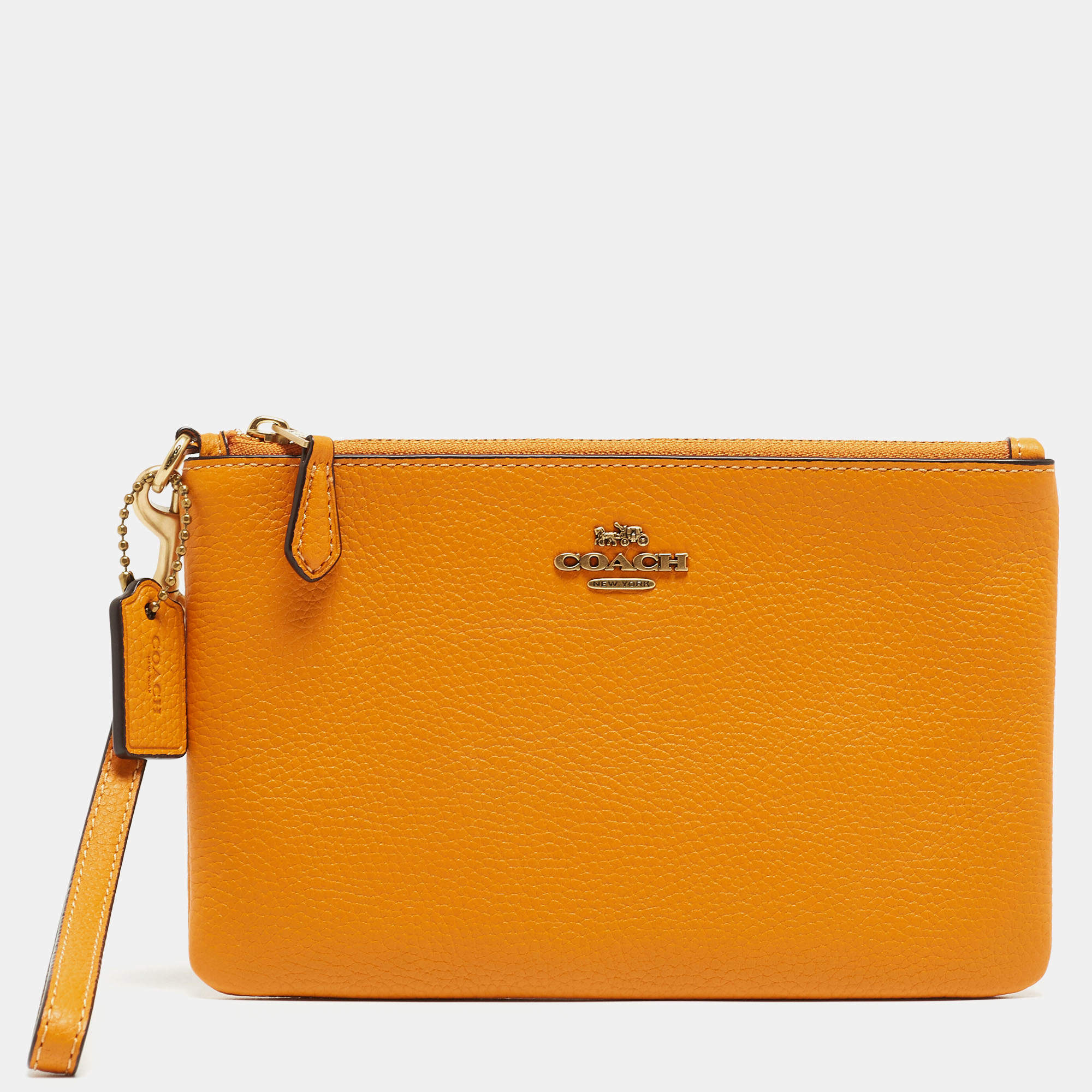 Pre Owned Coach Orange Leather Wristlet Zip Pouch