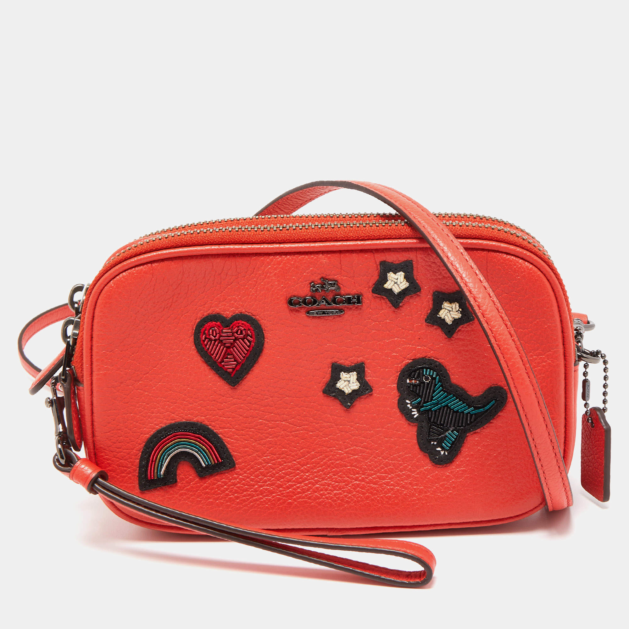 Pre Owned Coach Red Coral Leather Souvenir Embroidery Crossbody Clutch