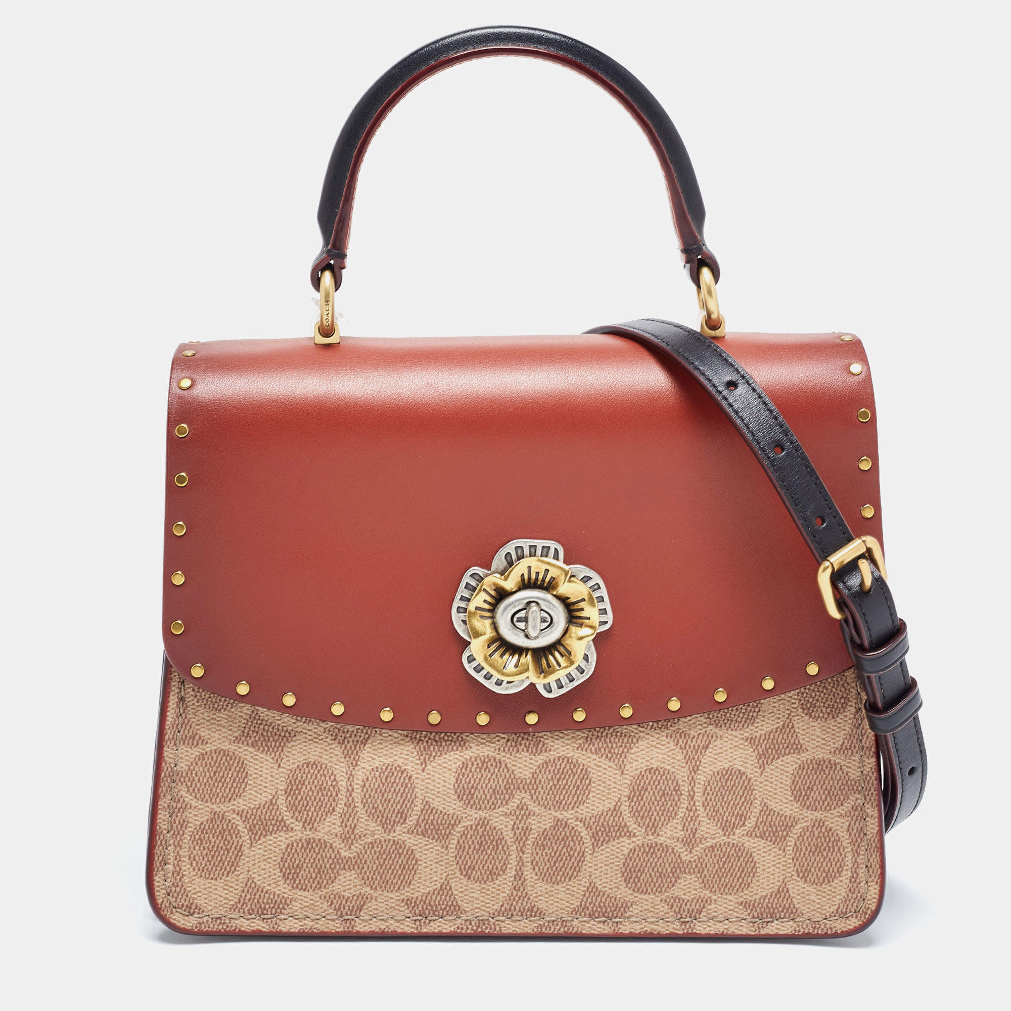 Pre Owned Coach Beige/Brown Signature Coated Canvas and Leather Parker Top Handle Bag