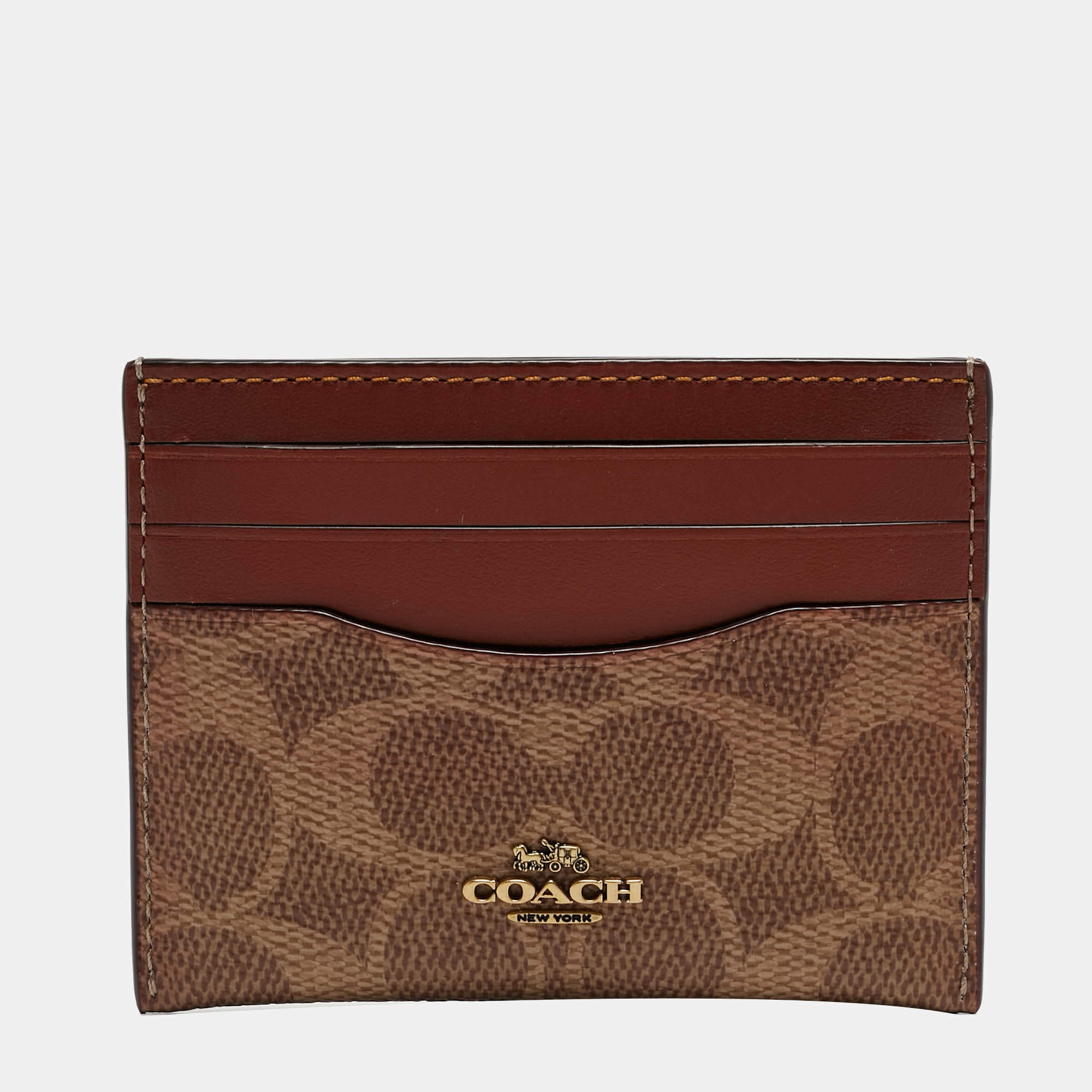 Pre Owned Coach Beige/Brown Signature Coated Canvas and Leather Card Holder