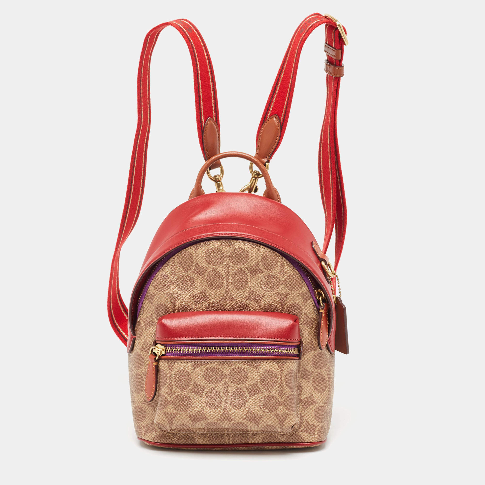 Coach Beige/Red Signature Coated Canvas and Leather Charter Backpack