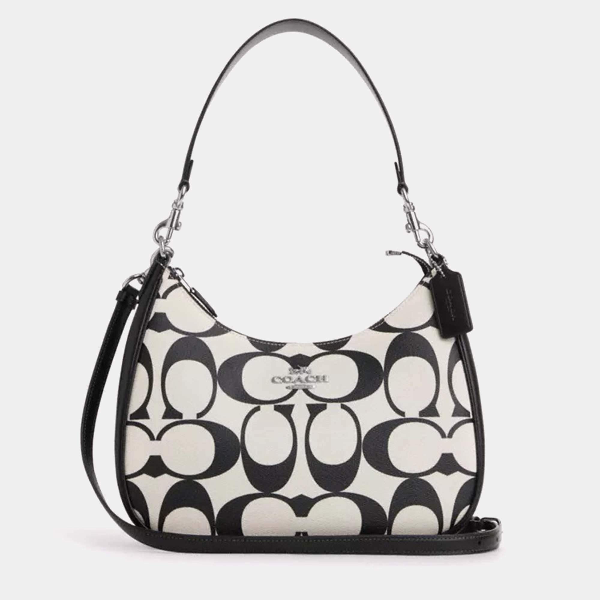 Coach Black/White leather Teri Hobo In Signature Canvas