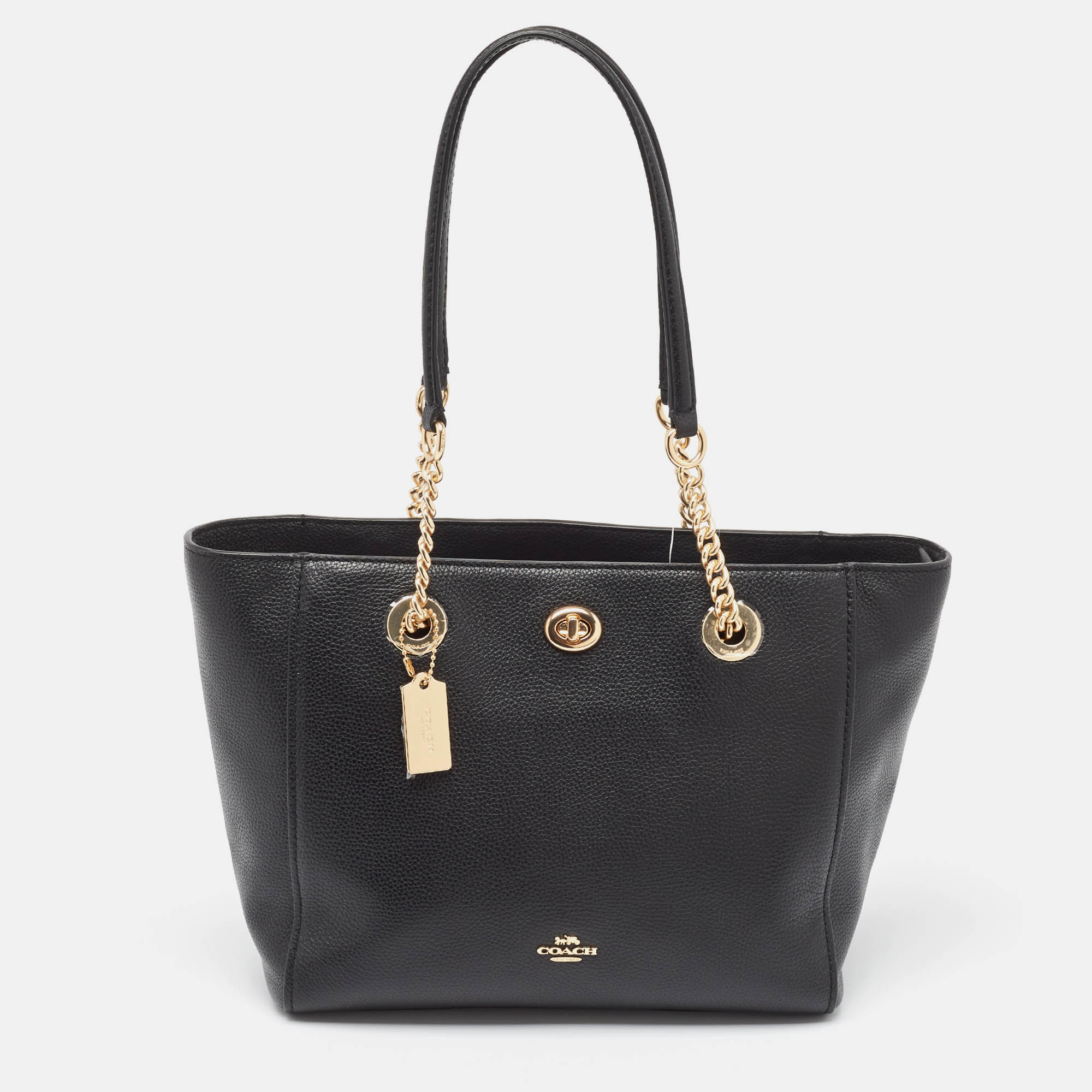 Coach Black Leather Turnlock Chain Tote