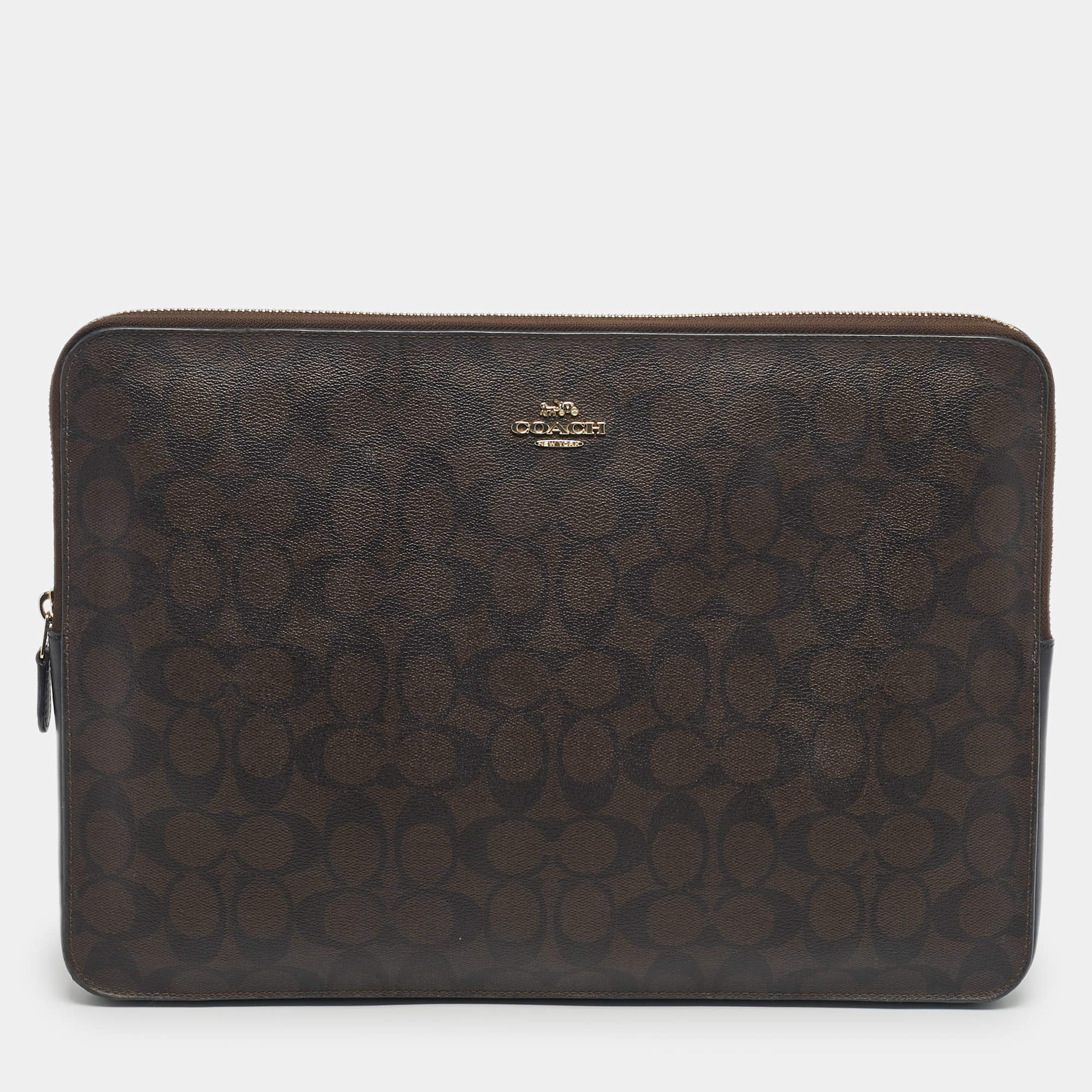Pre Owned Coach Brown/Black Signature Coated Canvas Laptop Case Sleeve
