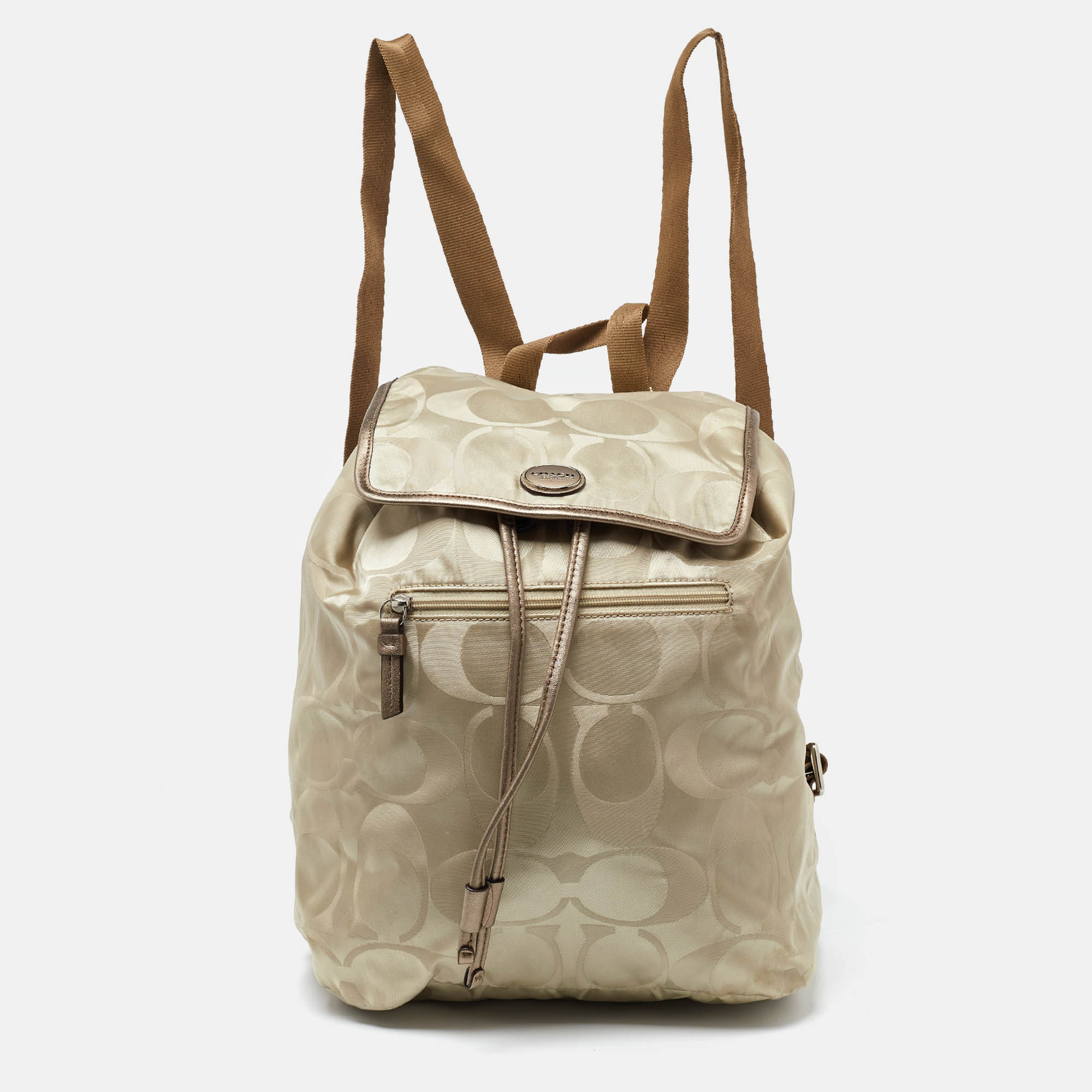 Coach Beige/Metallic Signature Nylon and Leather Backpack