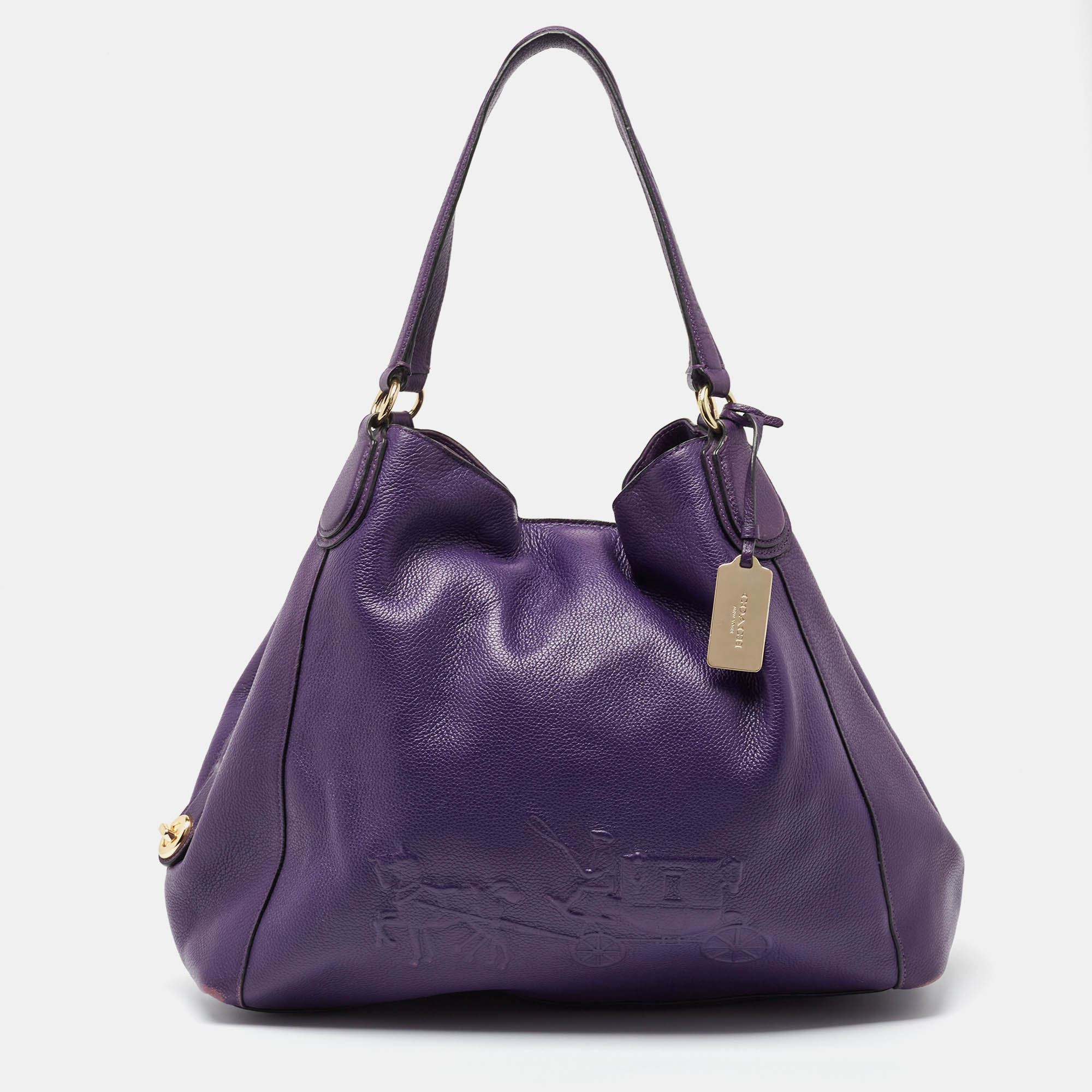 Pre Owned Coach Purple Leather Large Horse & Carriage Large Edie Shoulder Bag