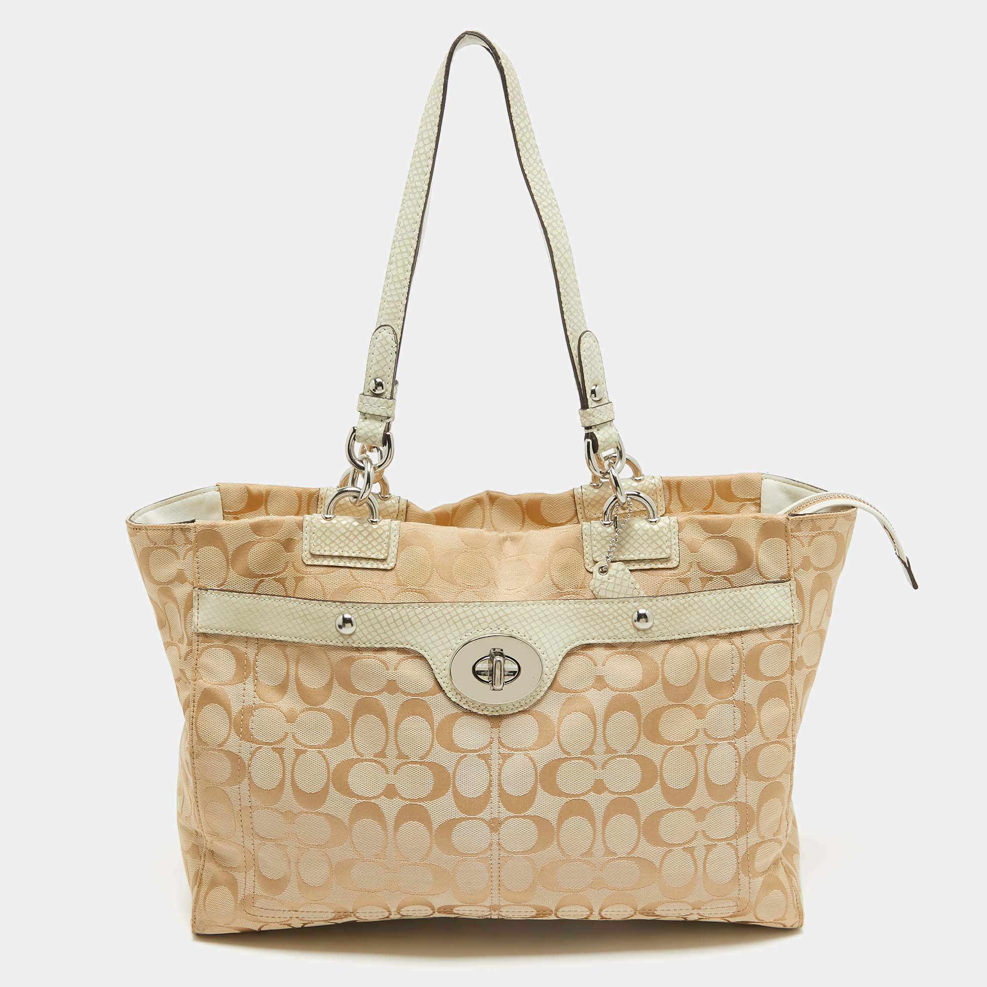 Coach Beige/Off White Signature Canvas and Snakeskin Embossed Leather Penelope Tote