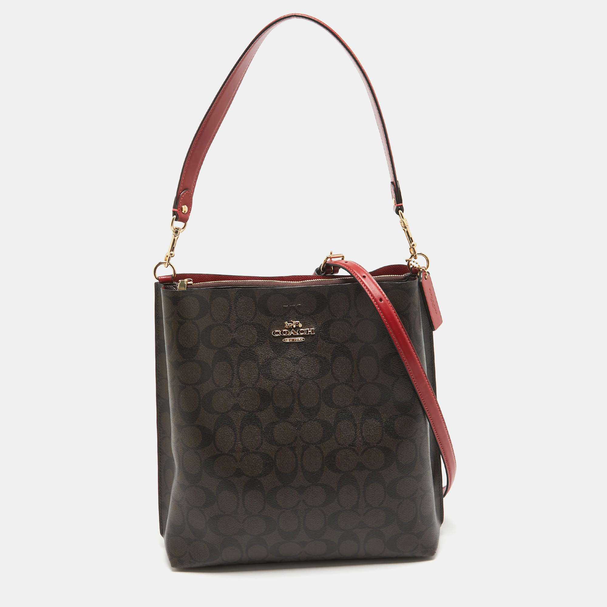 Coach Brown/Red Signature Coated Canvas and Leather Mollie Bucket Bag