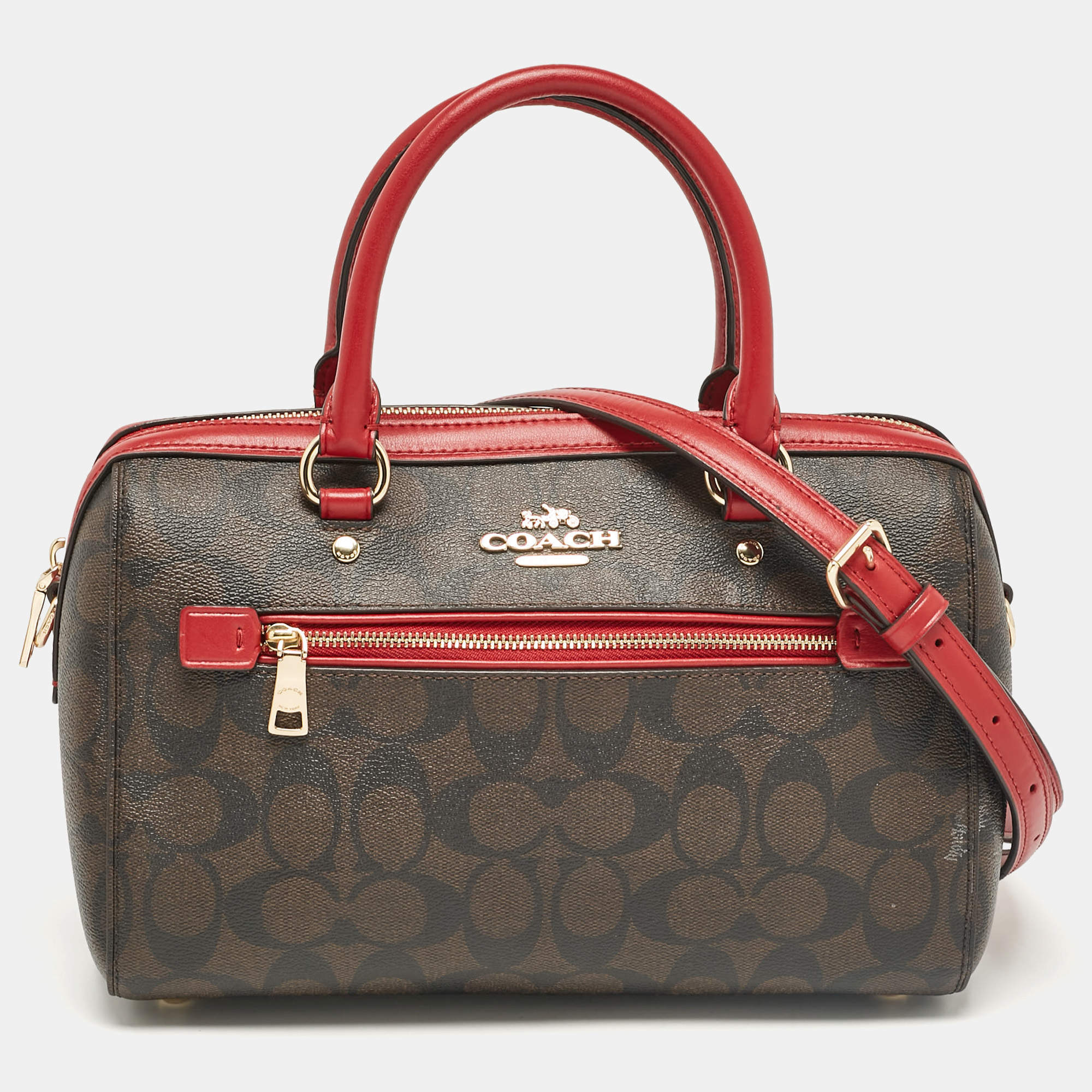 Coach Red/Brown Signature Coated Canvas Rowan Boston Bag