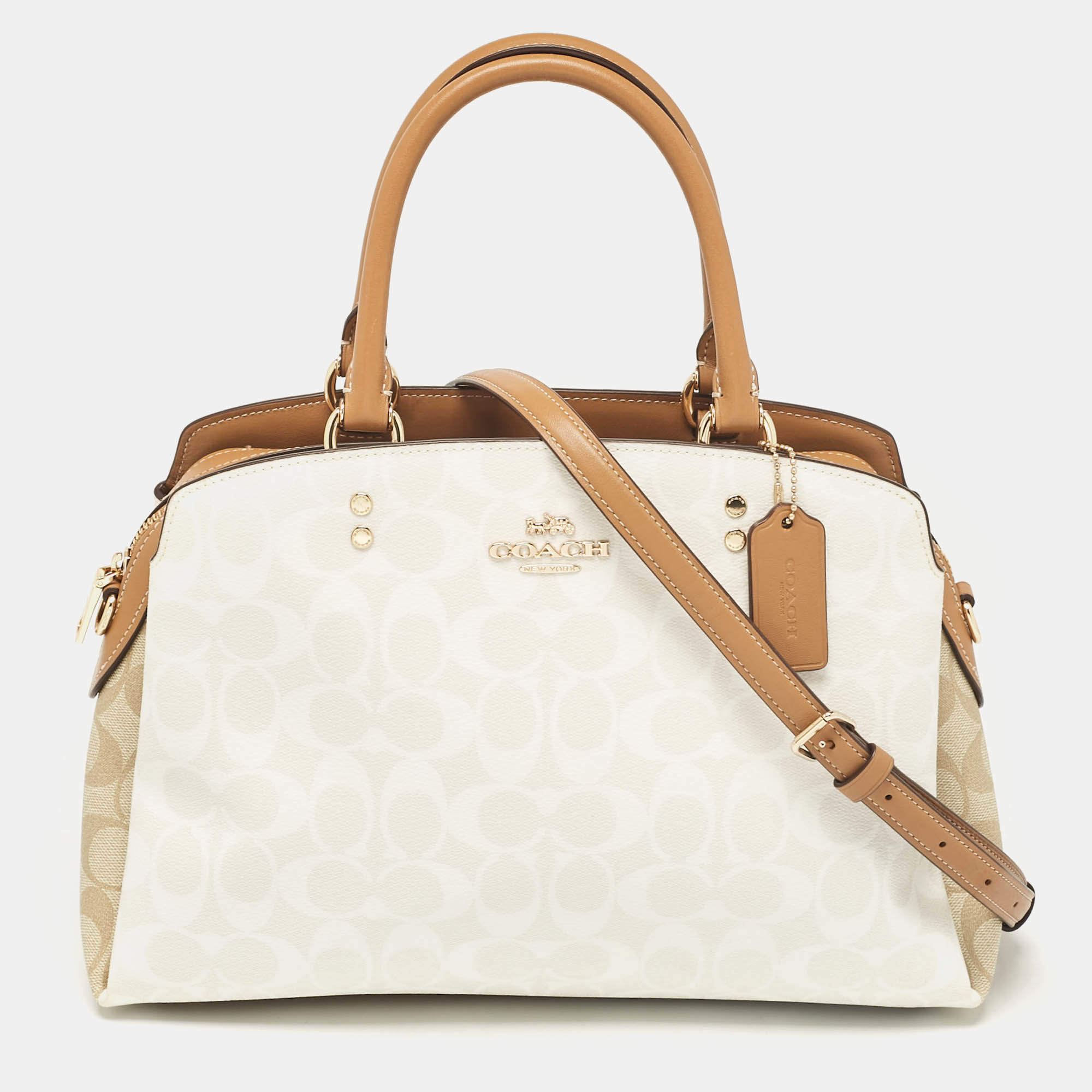 Coach Beige/Off White Signature Coated Canvas and Leather Lillie Carryall Satchel