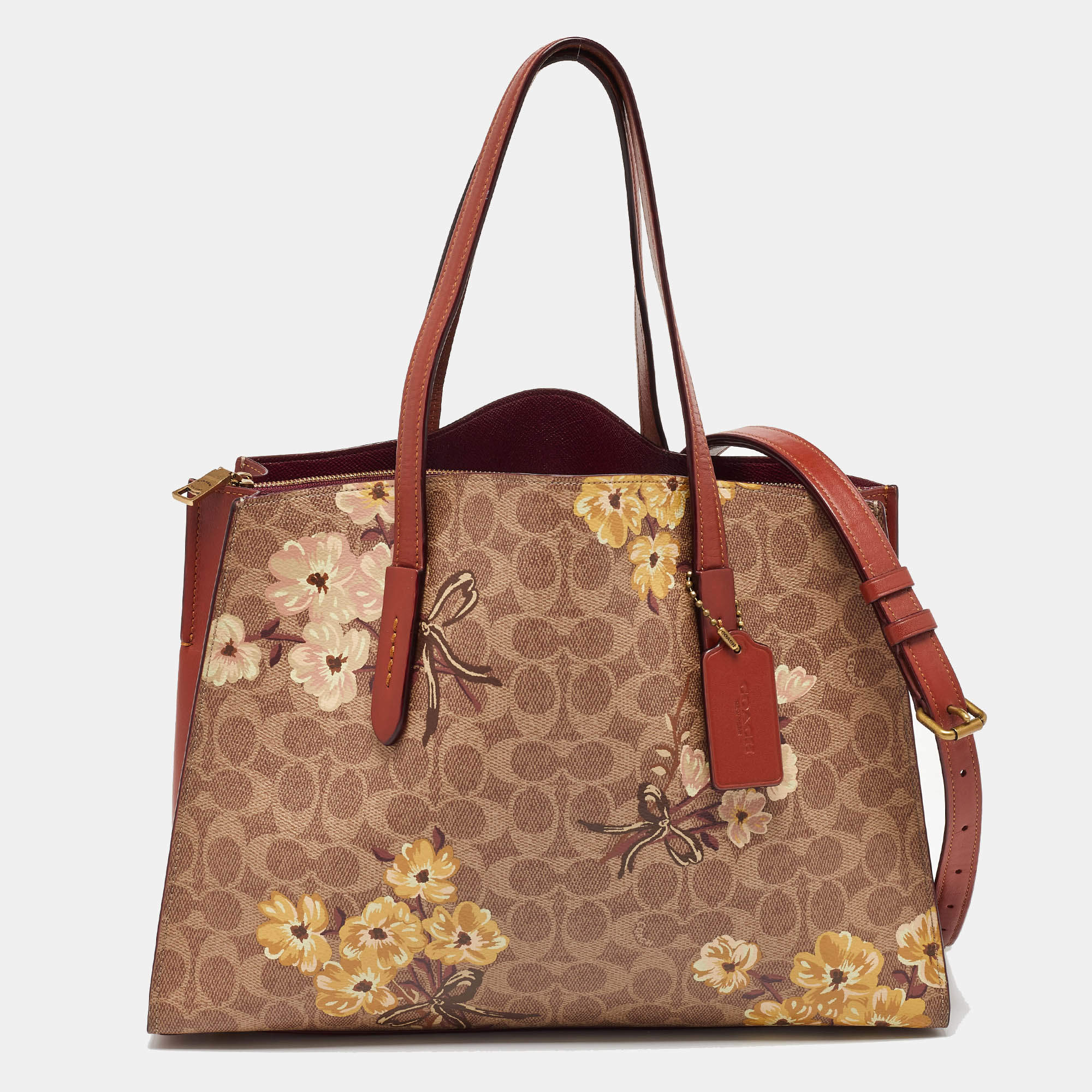 Coach Brown Prairie Floral Signature Coated Canvas and Leather Charlie Carryall Tote