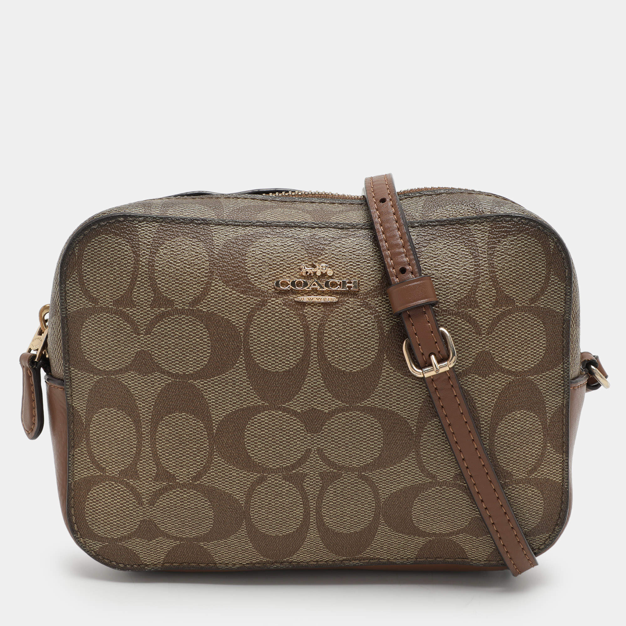 Pre Owned Coach Brown Signature Coated Canvas and Leather Crossbody Bag