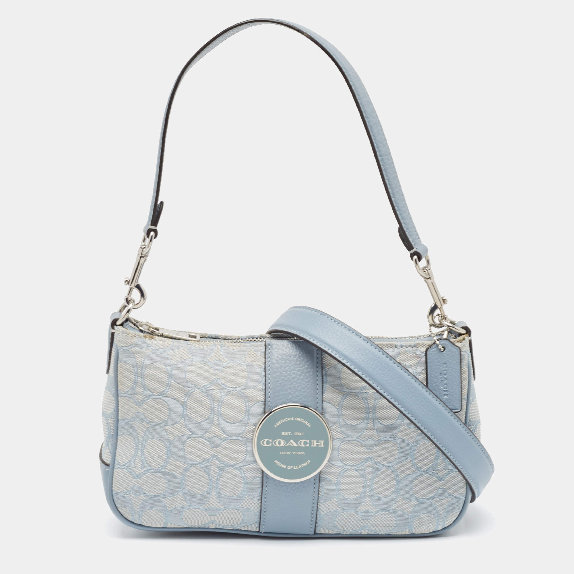 Coach Light Blue Signature Jacquard Canvas Lonnie Baguette Bag