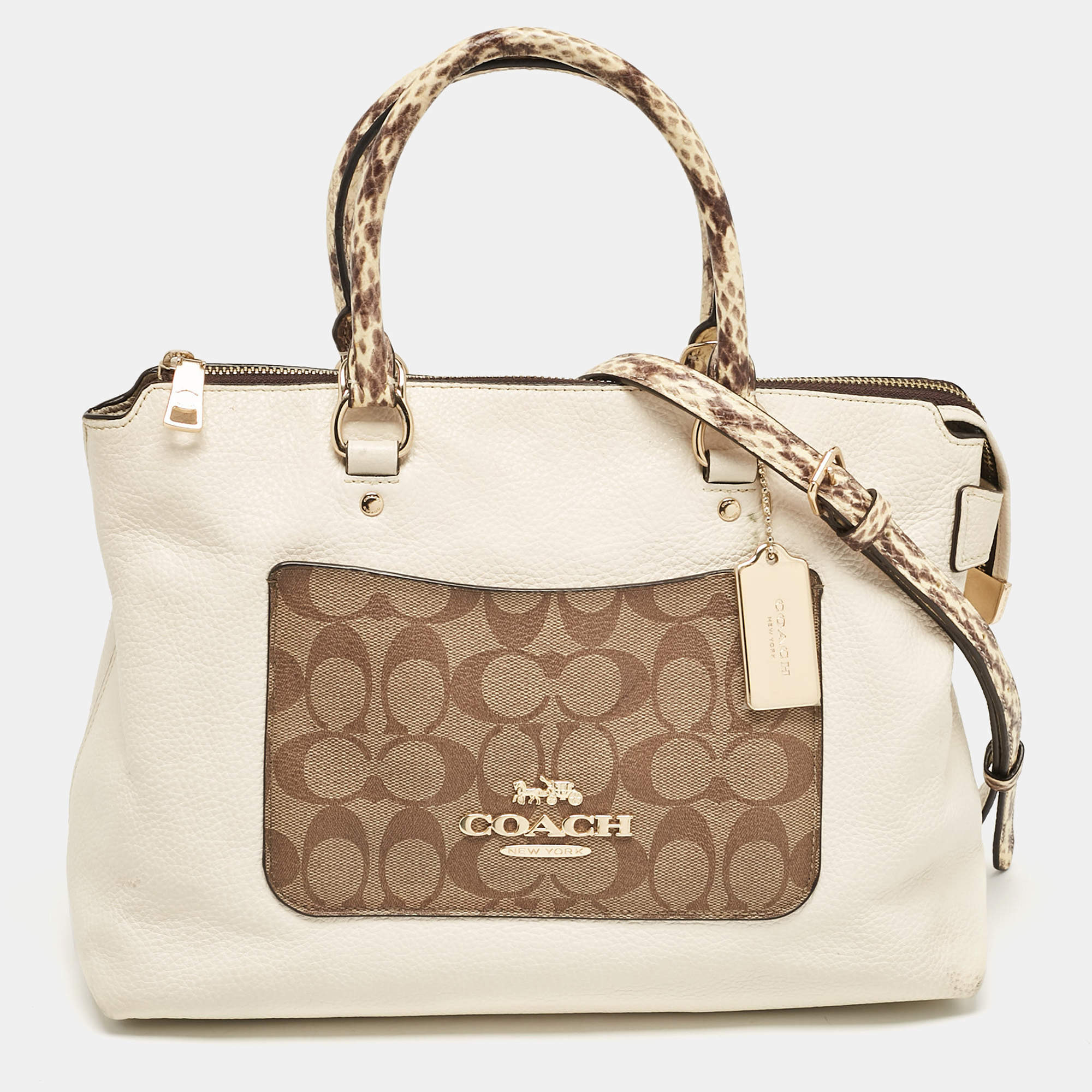 Coach White Leather and Python Embossed Emma Satchel