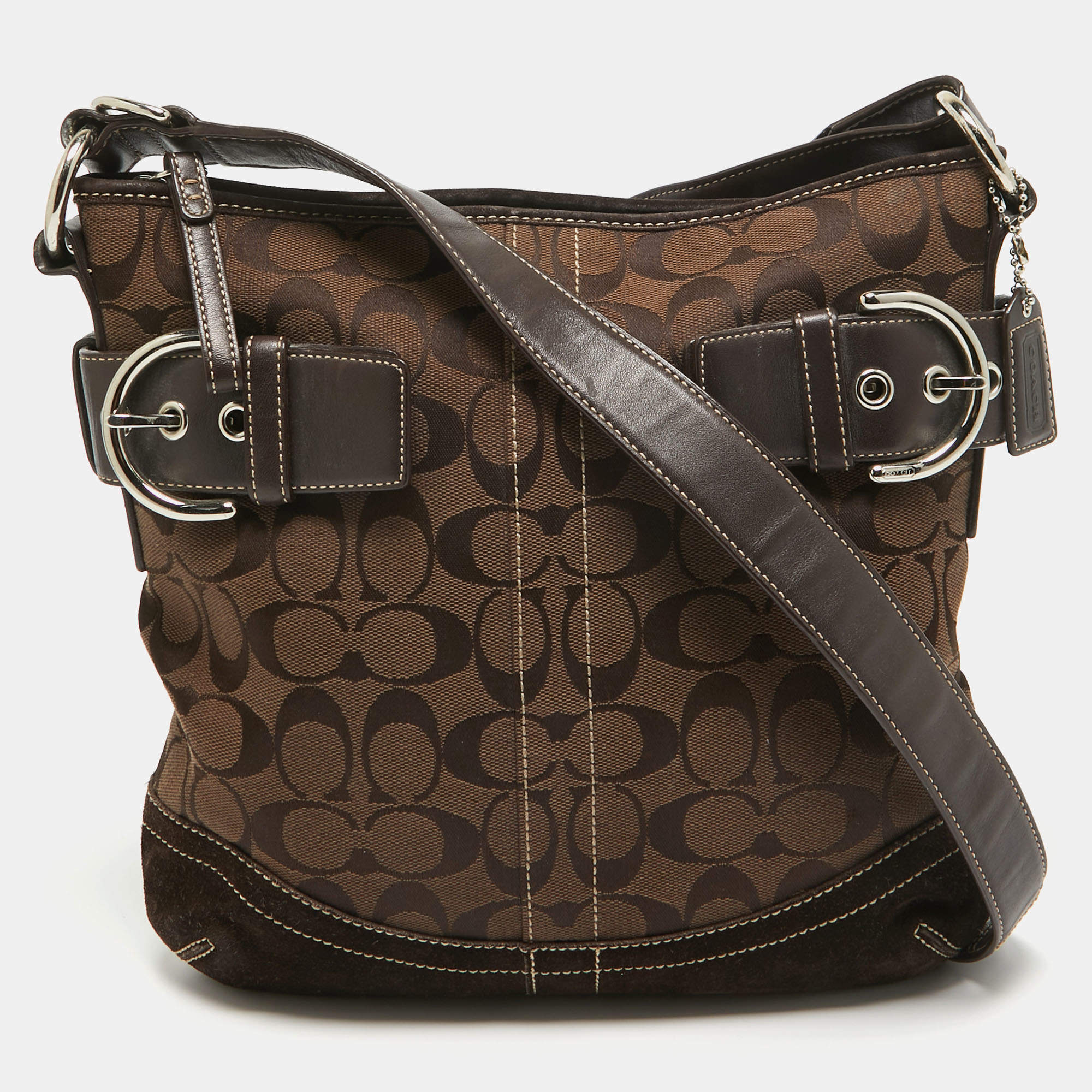 Coach Dark Brown Signature Canvas and Suede Crossbody Bag