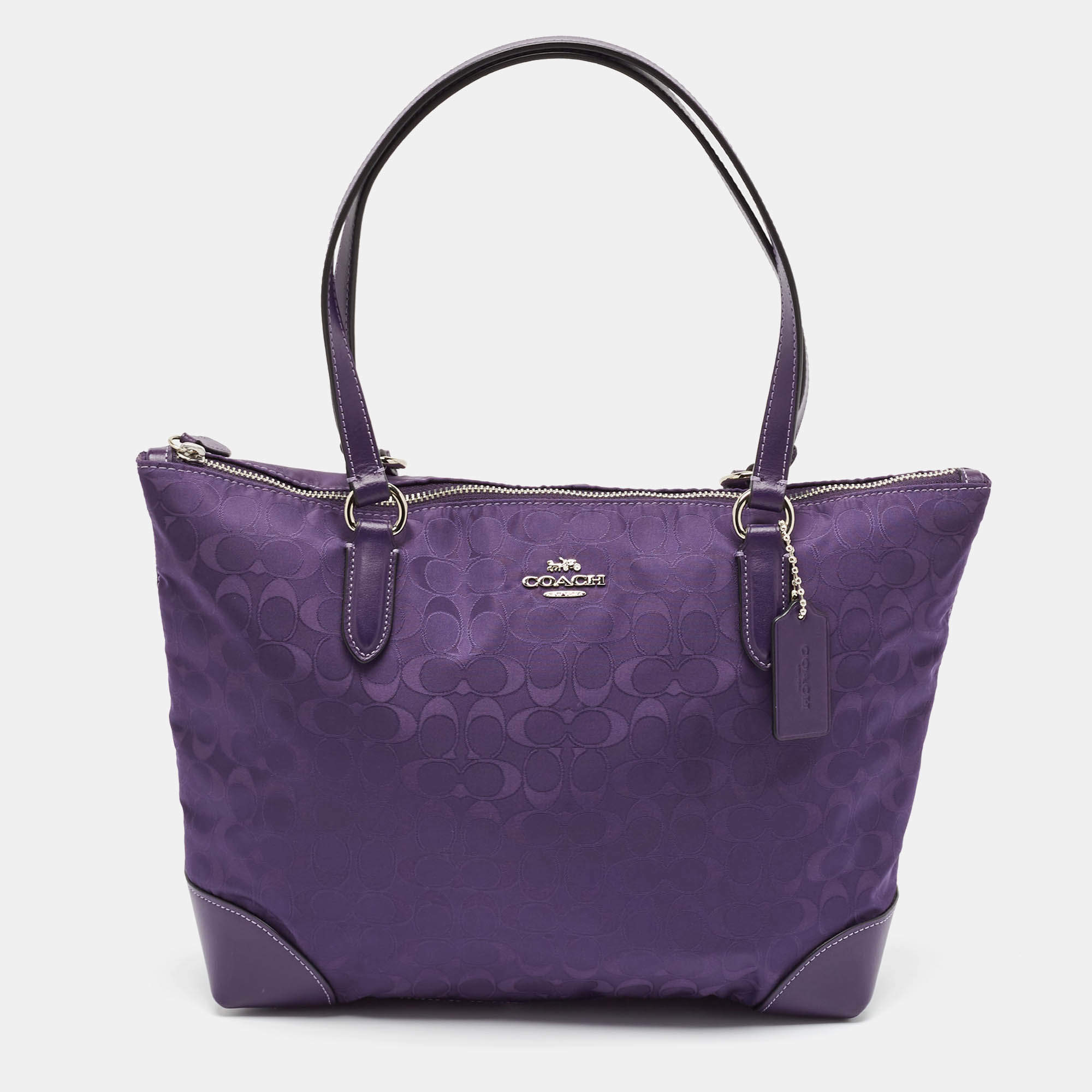 Coach Purple Signature Nylon and Leather Zip Top Tote