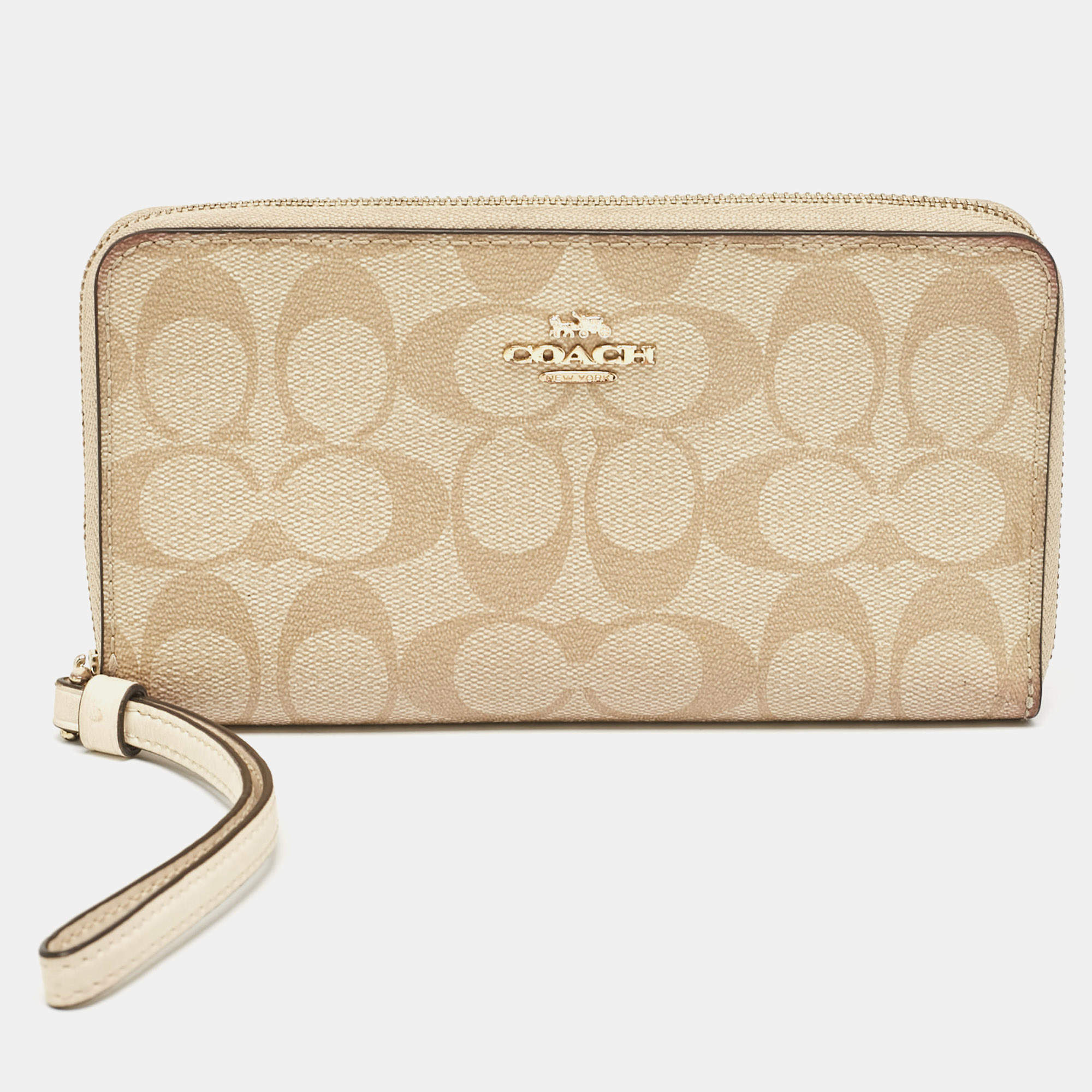 Coach Beige Siganture Coated Canvas and Leather Zip Around Wristlet Wallet