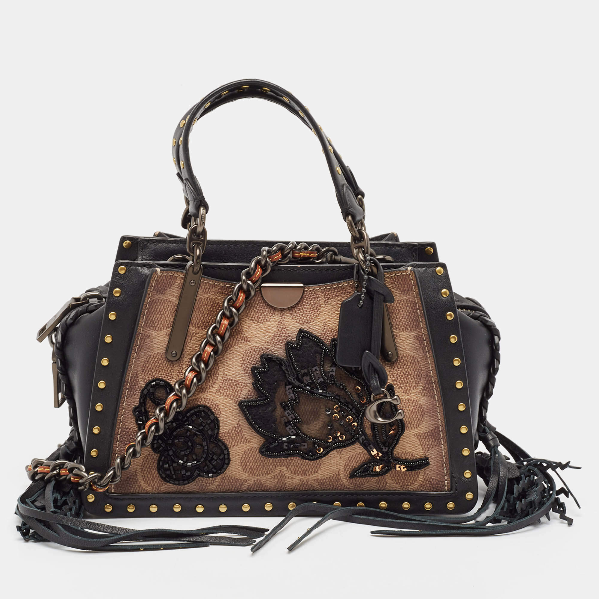 Coach Black/Brown Signature Coated Canvas and Leather Dreamer Embellished Satchel