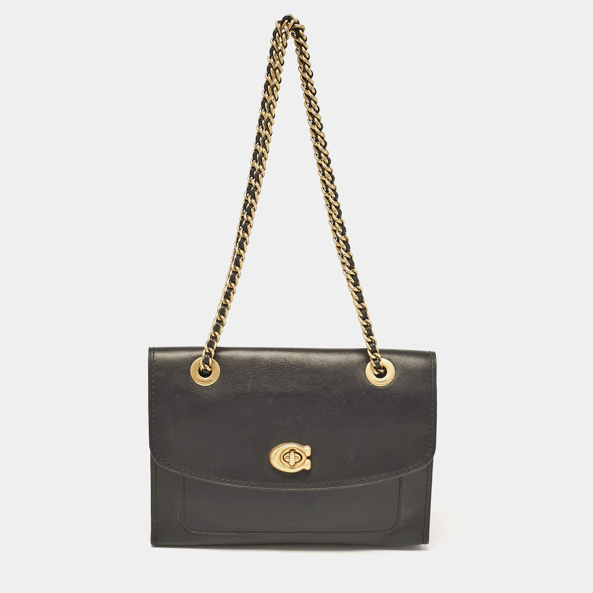 Coach Black Leather Parker Chain Flap Shoulder Bag